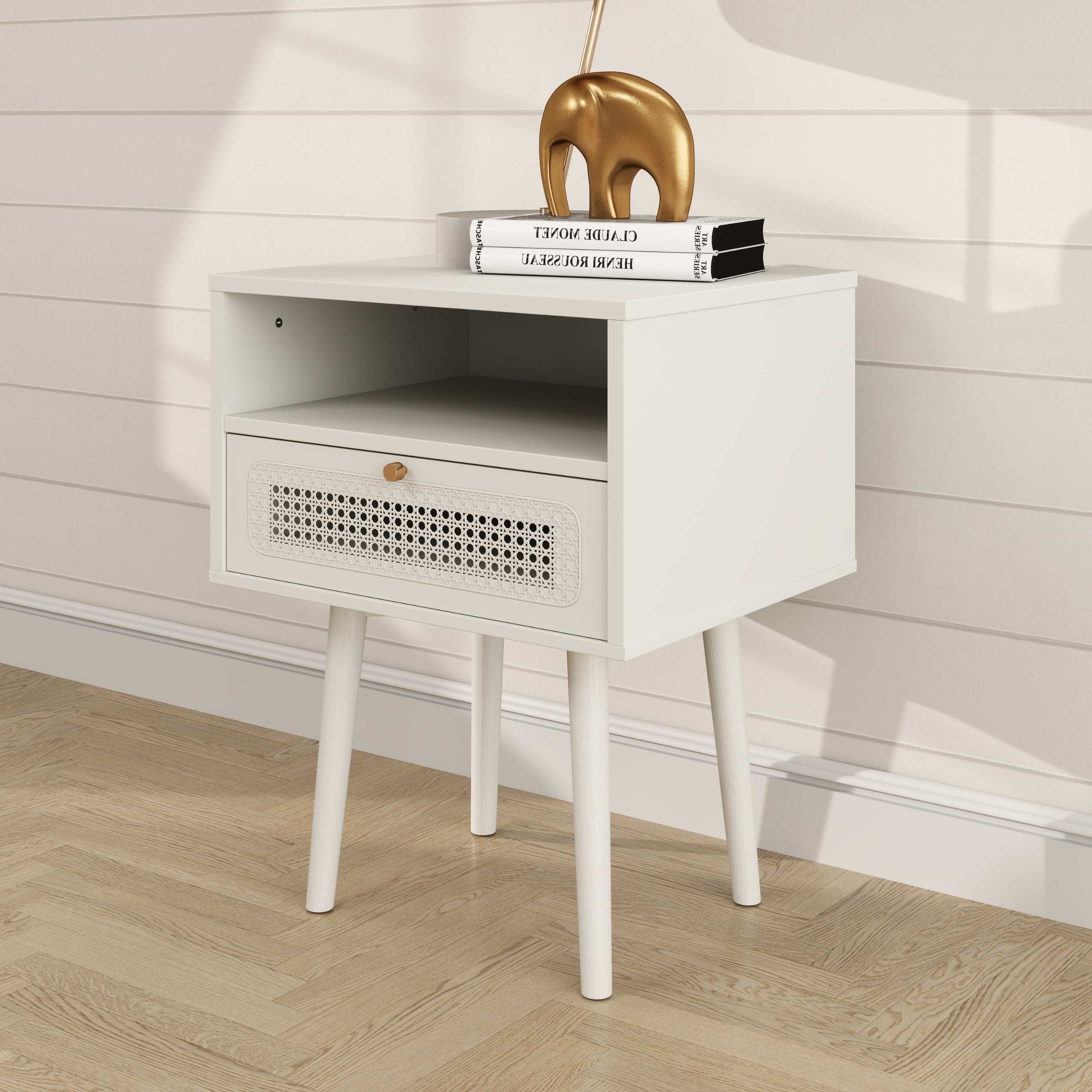 Roundhill Furniture Feeney 2-Tier Storage Nightstand, Cream White Side Table for Bedroom - Perfect for Small Spaces, Living Room, or Dorm Room Organization