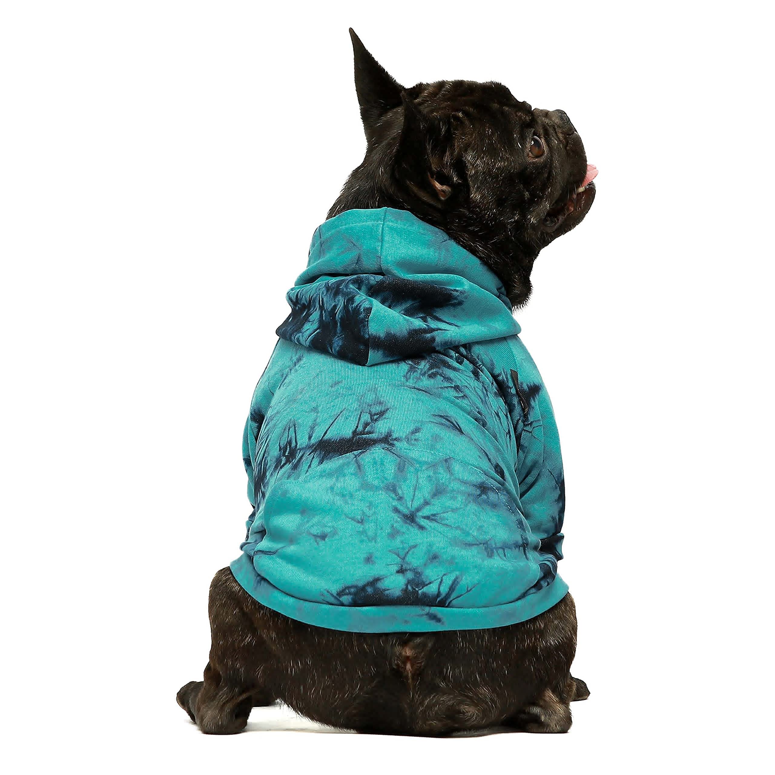 Fitwarm Tie Dye Dog Hoodie - Small Dog Clothes for Puppies & Cats - Cozy Pet Sweatshirt in Azure Blue & Black (Large) - Perfect for Outdoor Walks & Photo Shoots