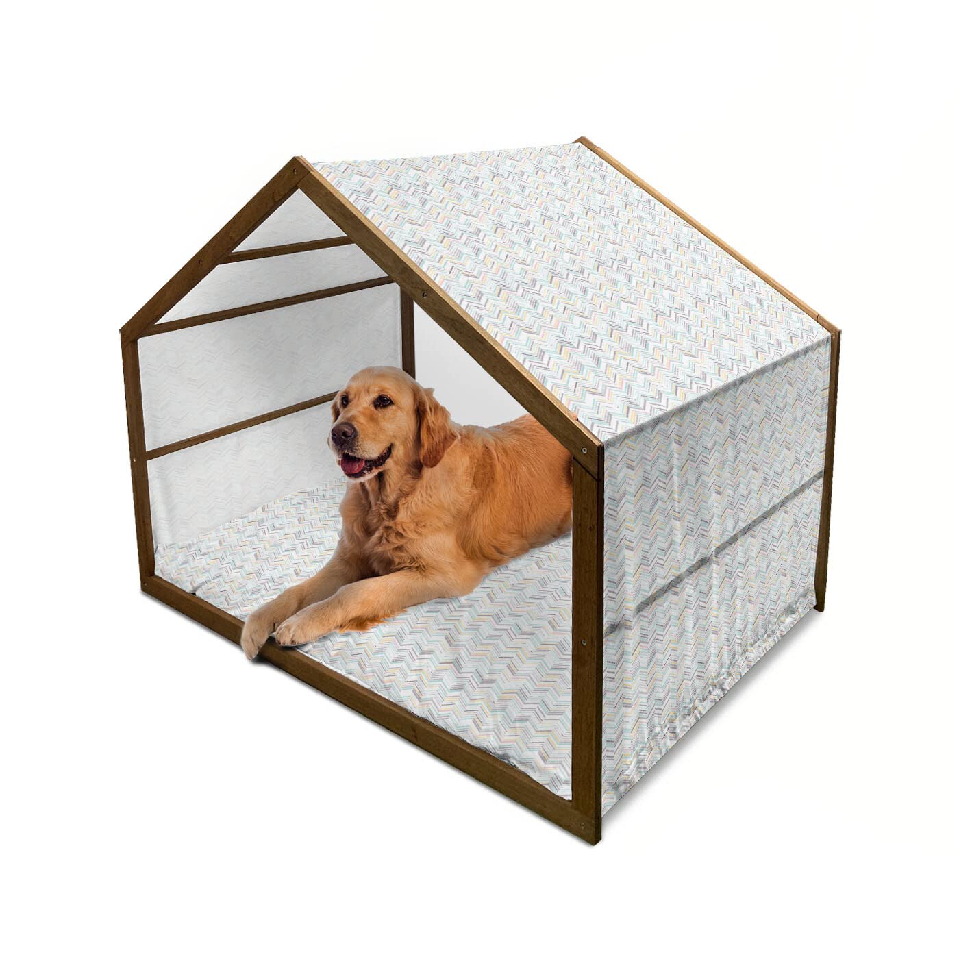 Ambesonne Chevron Wooden Dog House - Colorful Folklore Pattern in Warm Tones, Indoor & Outdoor Portable Pet Kennel with Removable Pillow & Cover, 2X-Large Size, Multi-Color for Small to Medium Dogs | Perfect for Backyard, Patio, or Indoor Pet Space