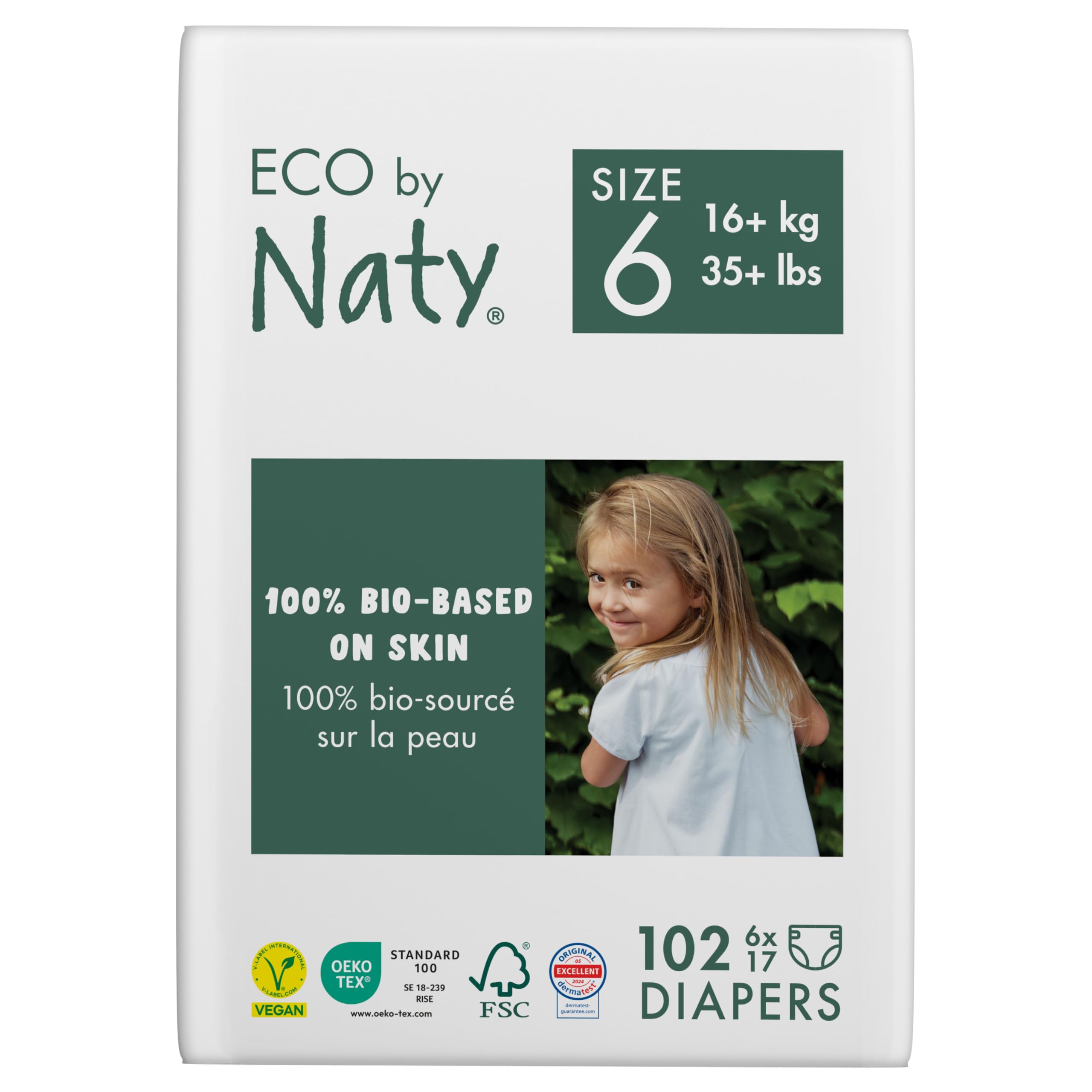 Eco by Naty Eco-Friendly Baby Diapers - 100% Plant-Based, Hypoallergenic & Super Absorbent for Sensitive Skin (Size 6, 102 Count) | Gentle, Soft & Biodegradable for Newborns & Toddlers | Perfect for Daycare, Travel & Overnight Use