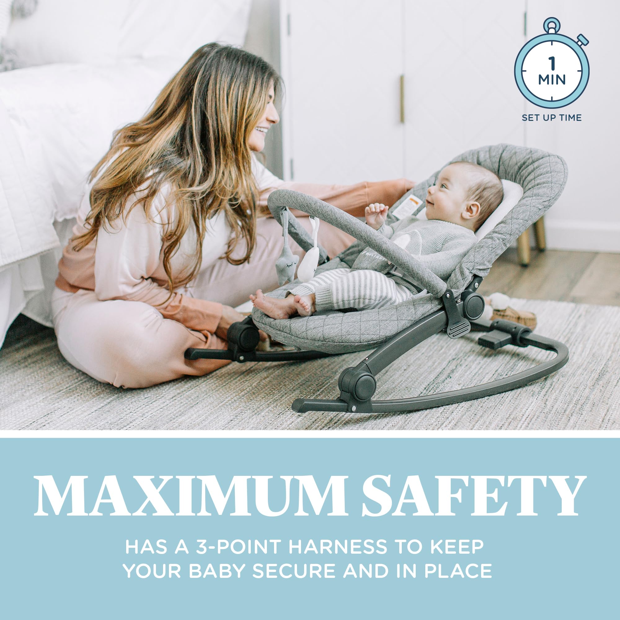 Baby Delight Aura Deluxe Portable Baby Bouncer - Infant Rocker Seat with Quilted Charcoal Tweed Fabric | Lightweight & Foldable for Travel | Perfect for Nursery, Living Room & Outdoor Use