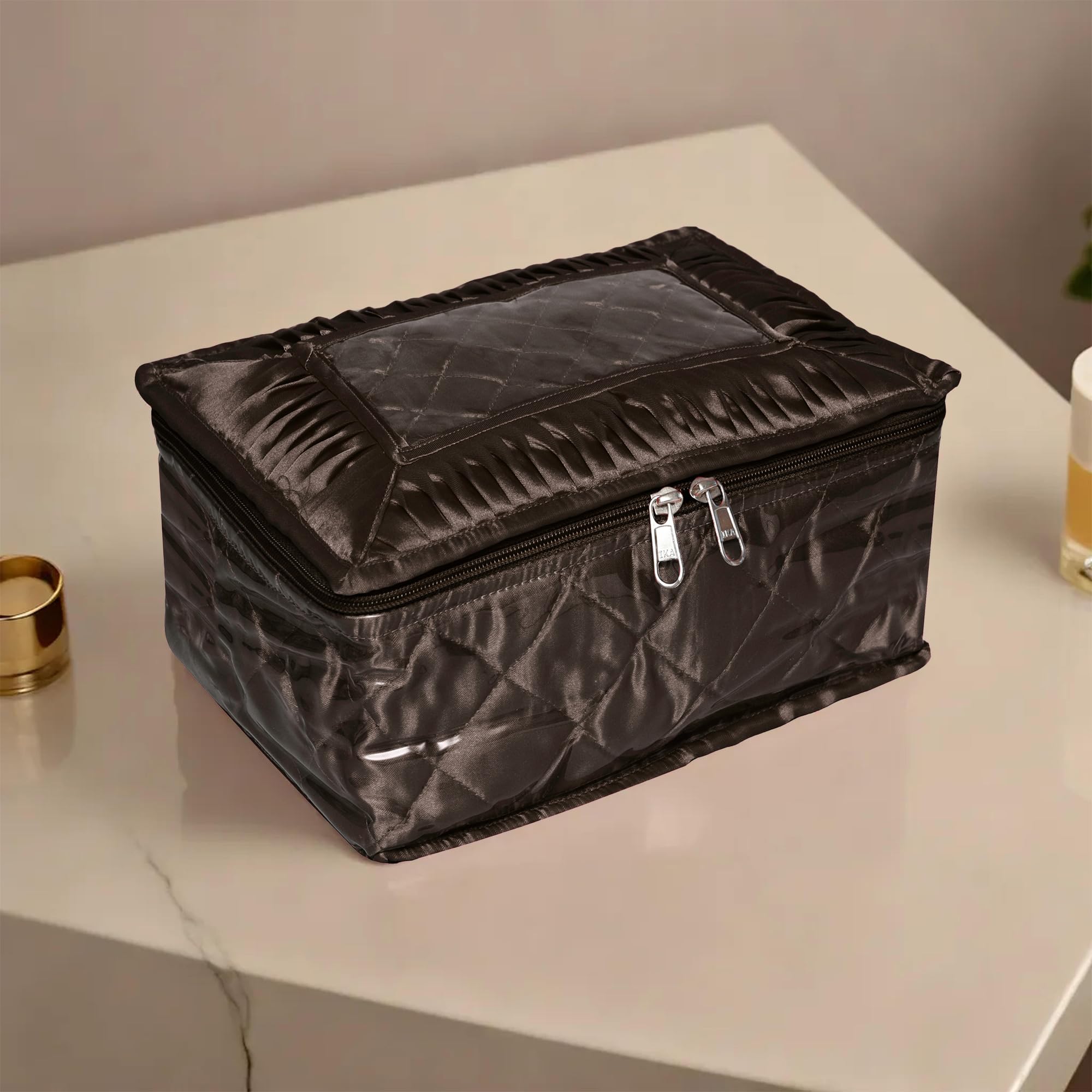 Kuber Industries Makeup Storage Bag with 12 Detachable Pouch | Vanity & Travel Cosmetic Organizer | Frill Jewelry Organizer for Women | Brown | Perfect for Home, Travel & Locker Organization