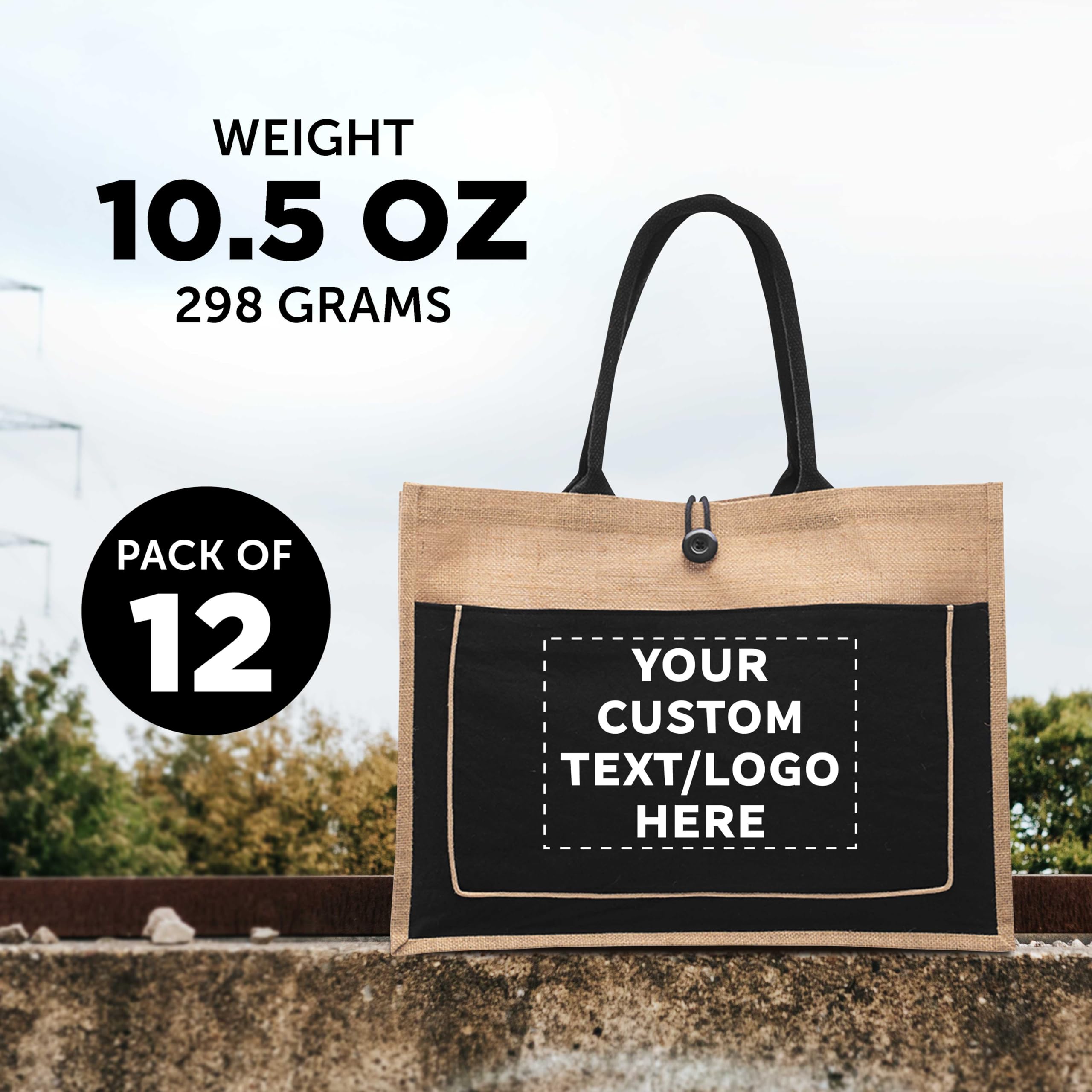 Custom Jute Tote Bags with Cotton Pocket - 50 Pack Bulk Wholesale Eco-Friendly Reusable Grocery Bags - Personalized Promotional Totes for Picnic, Beach, Camping, Outdoor Activities & Shopping - Black
