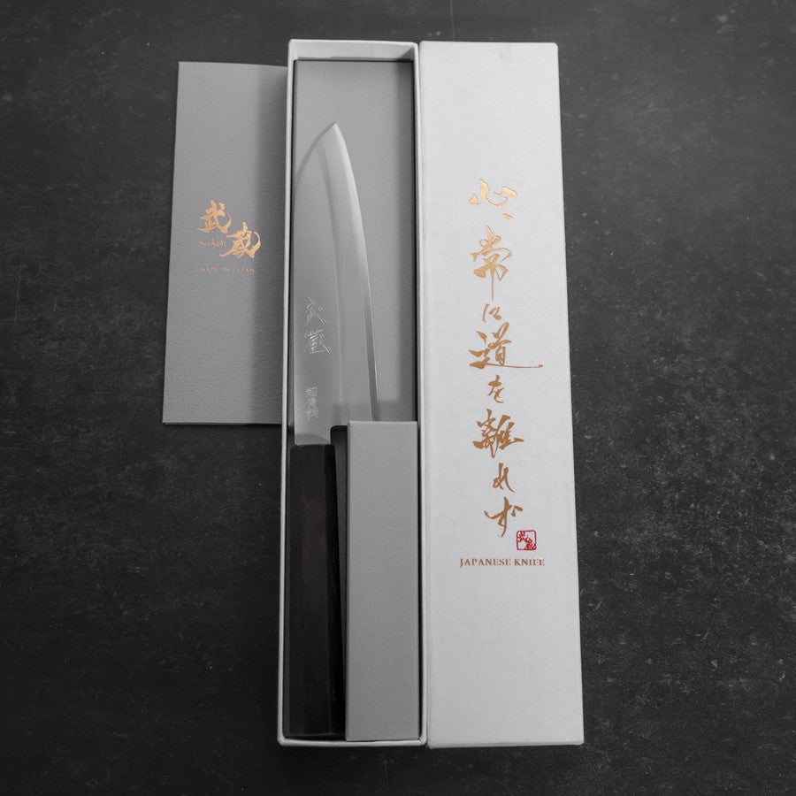 Premium Santoku Knife 140mm - Stainless Steel Clad Blue Super Steel, Polished Blade with Buffalo Ebony Handle - Perfect for Slicing, Dicing & Chopping Vegetables, Meat & Fish