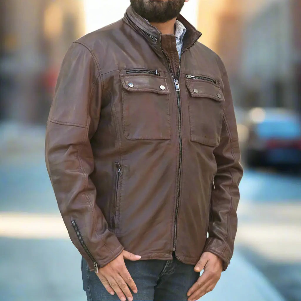 Men's Genuine Leather Jacket with Dual Flap Pockets - Stylish Biker & Casual Wear for Everyday Outings