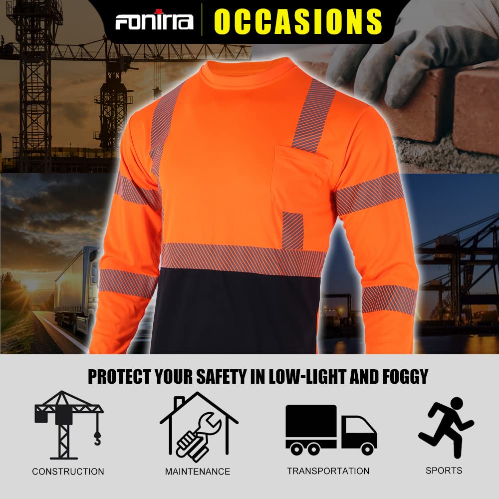 FONIRRA 3-Pack ANSI Class 3 High Visibility Safety Shirts - Reflective Long Sleeve Work T-Shirts for Men - Ideal for Construction, Road Work & Nighttime Safety