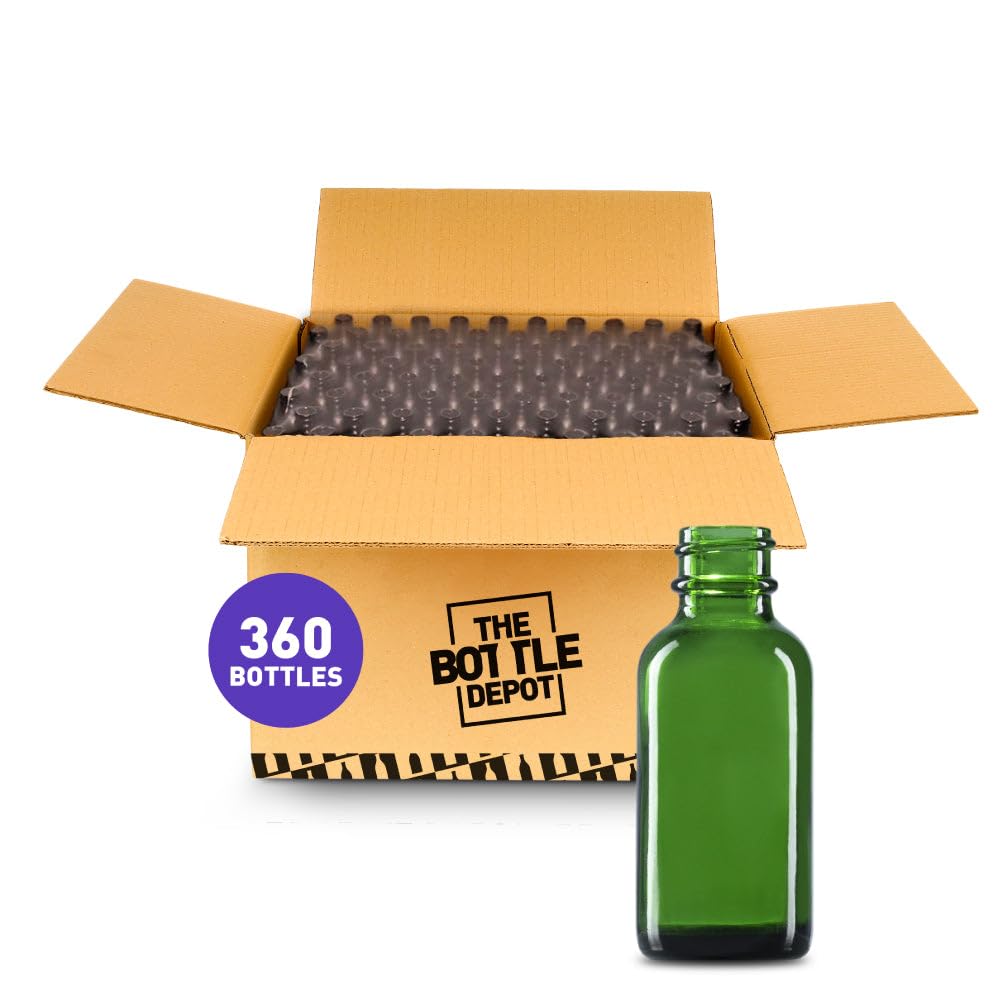1 oz Green Glass Bottles - 360 Pack - 20-400 Neck Finish - Wholesale Boston Round Bottles for Essential Oils, DIY Crafts & Home Storage - The Bottle Depot