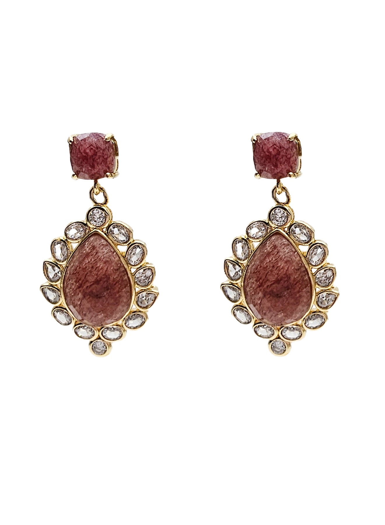 Strawberry Quartz Victorian Style Dangle Earrings NE018 - Elegant Vintage Jewelry for Women, Perfect for Weddings, Parties & Special Occasions