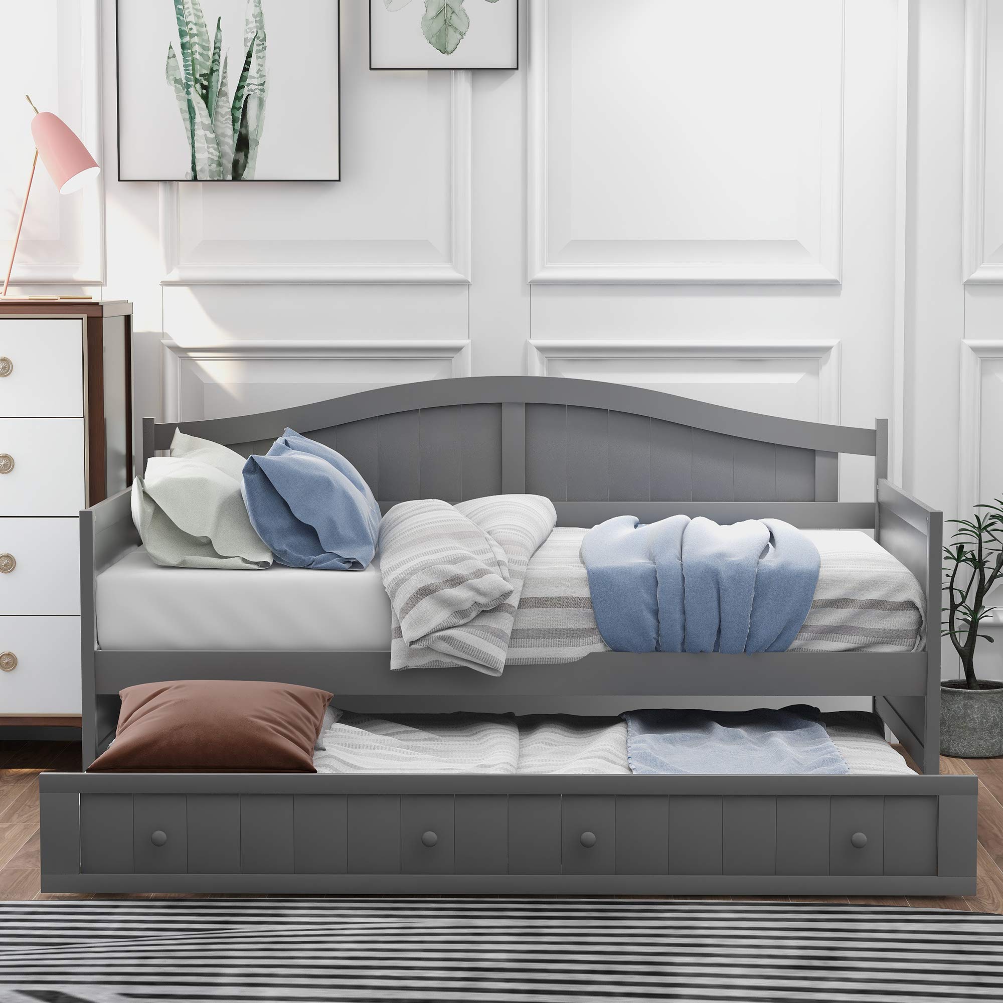ADVOA Twin Wooden Daybed with Trundle Bed - Convertible Sofa Bed for Guest Room, Living Room & Small Spaces - Gray - Perfect for Sleepovers, Home Office & Space-Saving Solutions