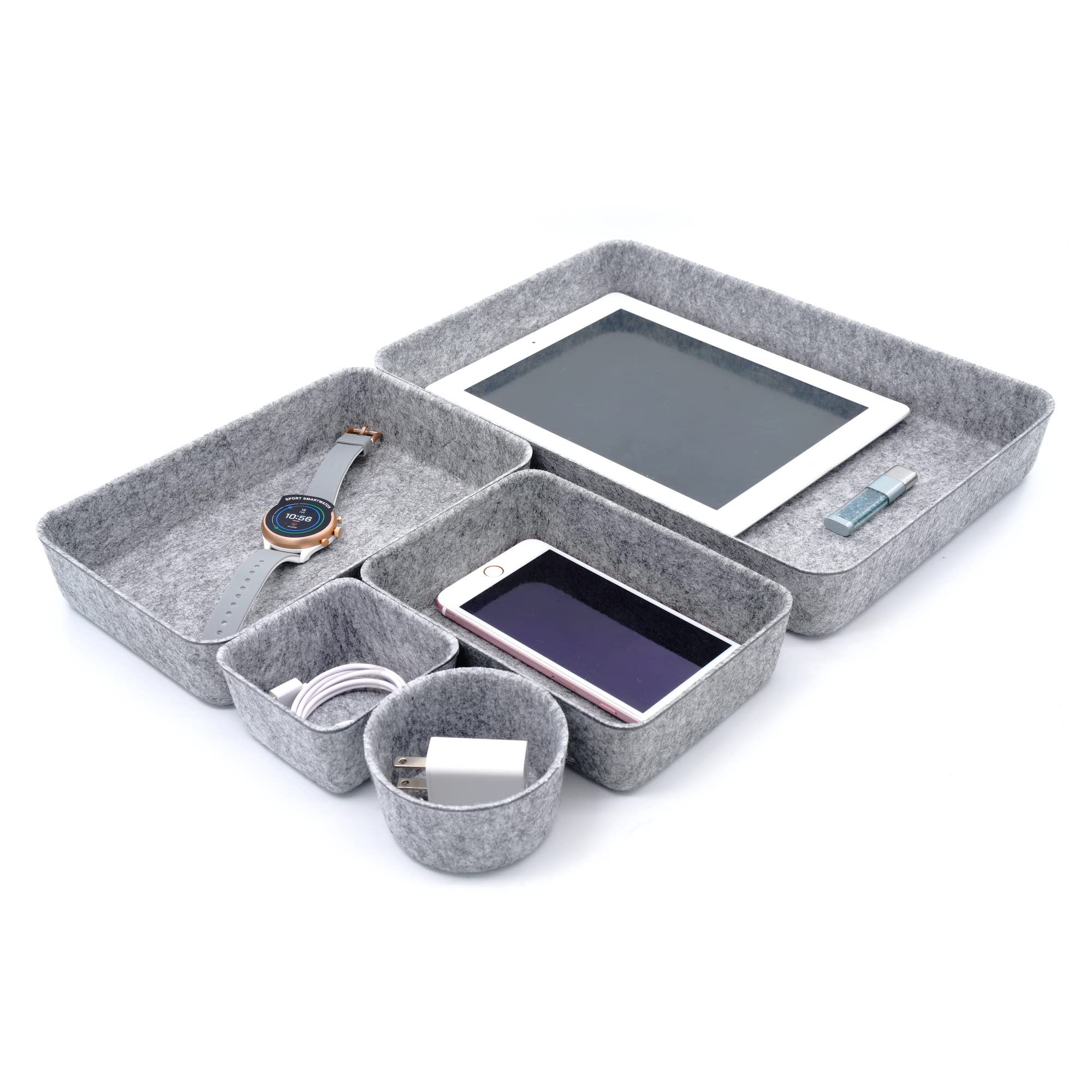 WELAXY 5-Piece Gray Felt Desk Drawer Organizer Set - Storage Bins, Paper Letter Trays, Document File Holder for Office, Home & School Use - Perfect for Organizing Papers, Magazines & Office Supplies