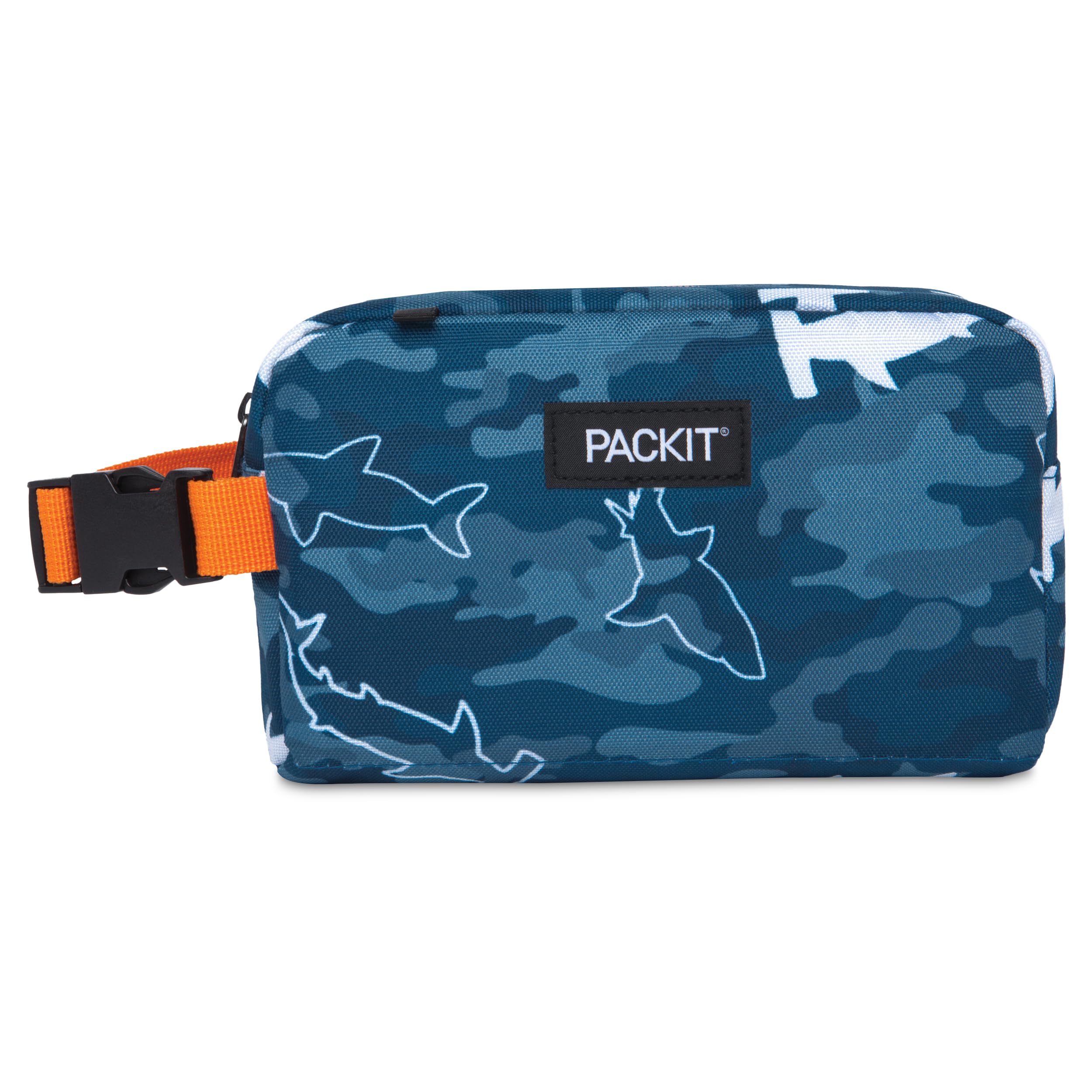 PackIt Freezable Snack Box with EcoFreeze Technology - Reusable Collapsible Lunch Bag with Zip Closure & Buckle Handle - Camo Shark Design - Perfect for School, Work, Travel & Outdoor Activities
