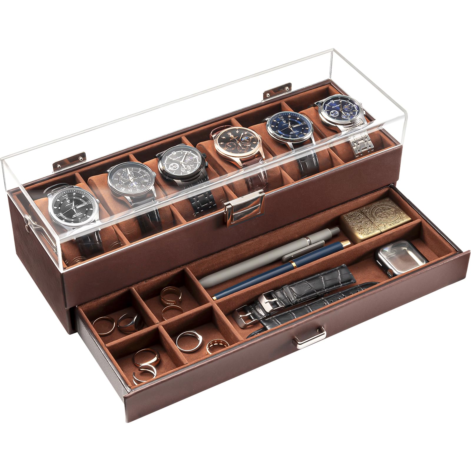 ProCase 6-Slot Watch Display Case with Clear Acrylic Lid - 2-Layer Jewelry & Watch Storage Organizer with Drawer - Perfect Gift for Men & Women - Ideal for Watch Collectors, Travel & Home Decor (Espresso)