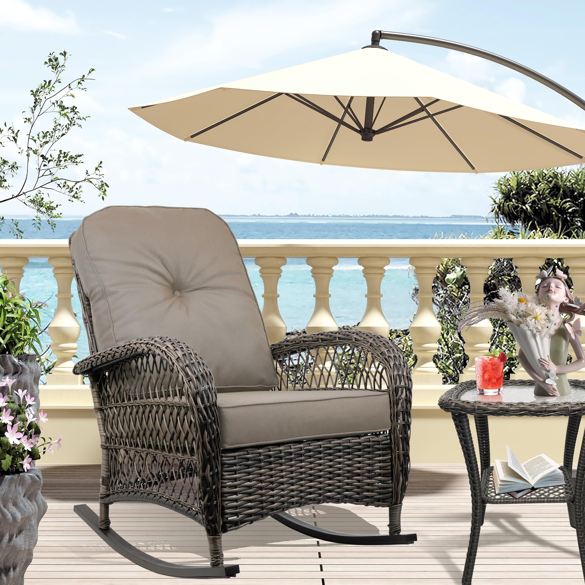 All-Weather Brown Resin Wicker Rocking Chair - Outdoor Garden, Backyard, Lawn & Porch Furniture - Perfect for Relaxing & Lounging in Sun or Shade