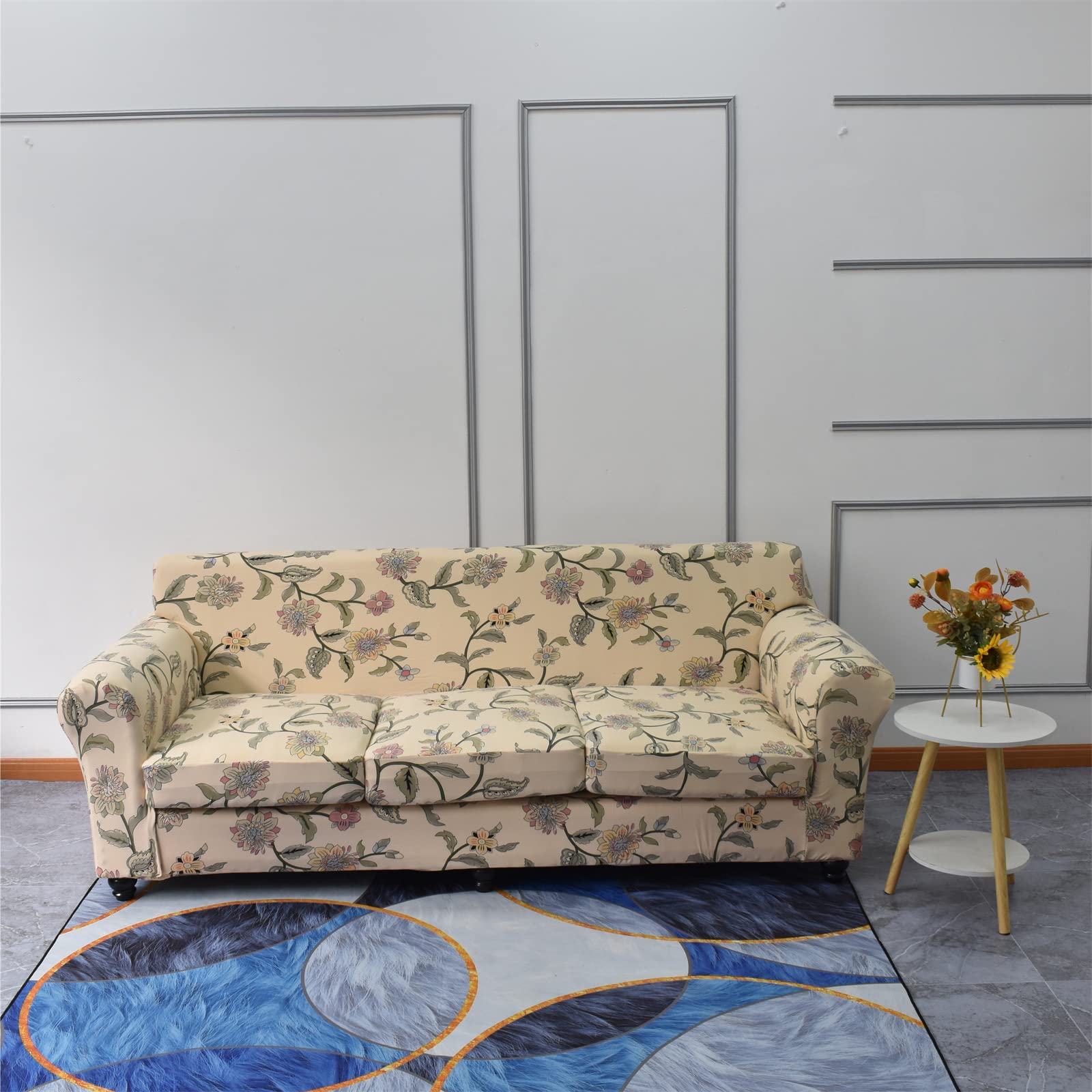 KRFOONN 4-Piece Stretch Sofa Cover Set for 3-Cushion Couches - Printed Washable Slipcovers with 3 Separate Seat Covers - Furniture Protector for Pets & Kids (Large, Sofa Style 05) - Perfect for Living Room, Family Room & Pet-Friendly Homes