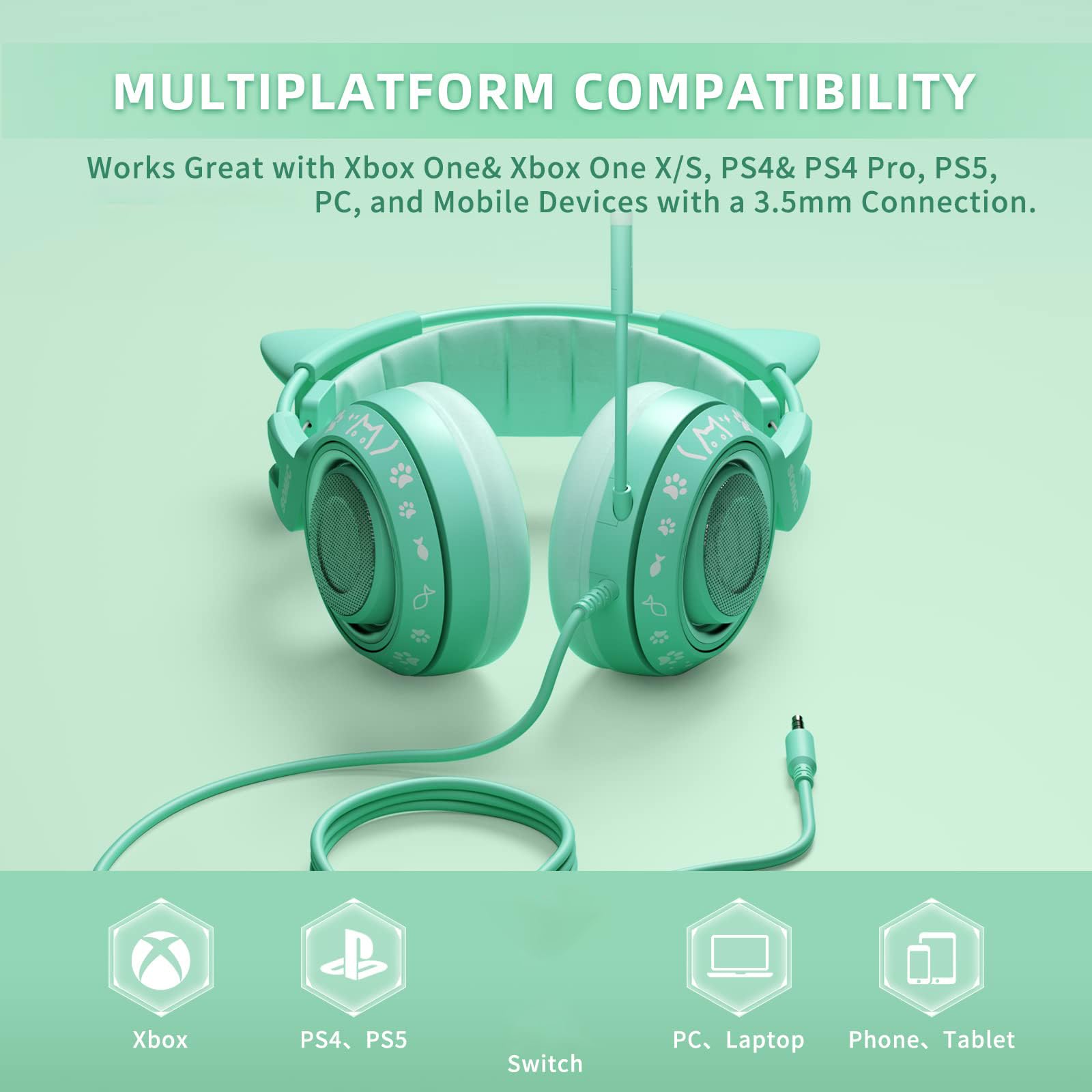 SOMiC G951S Green Cat Ear Gaming Headset with Microphone - Noise Cancelling Over-Ear Headphones for PS5, PS4, Xbox One, PC - Stereo Sound with In-Line Mic Control - Perfect for Women Gamers, Streaming & Online Classes