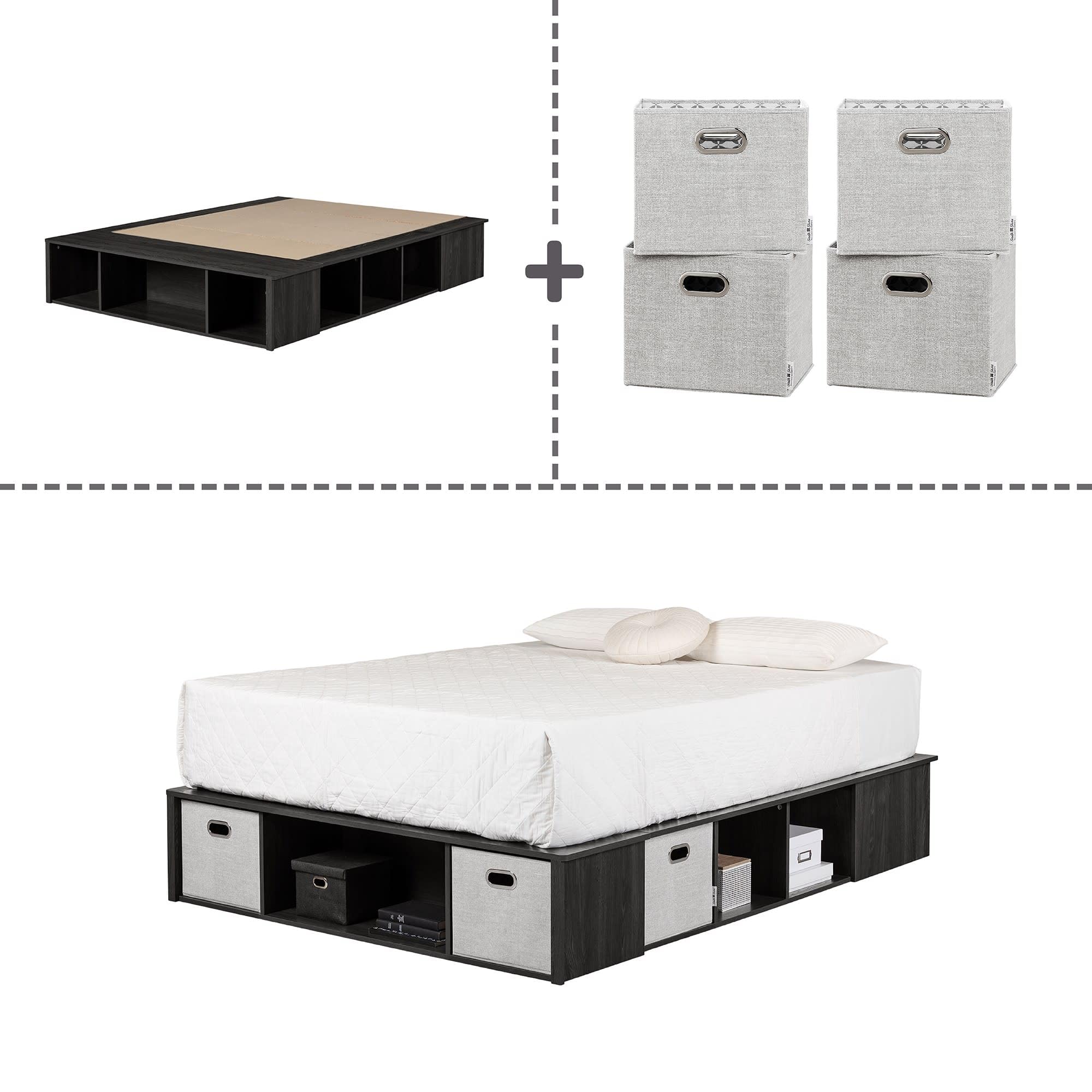 Gray Oak Queen Platform Bed with Storage Baskets for Small Spaces