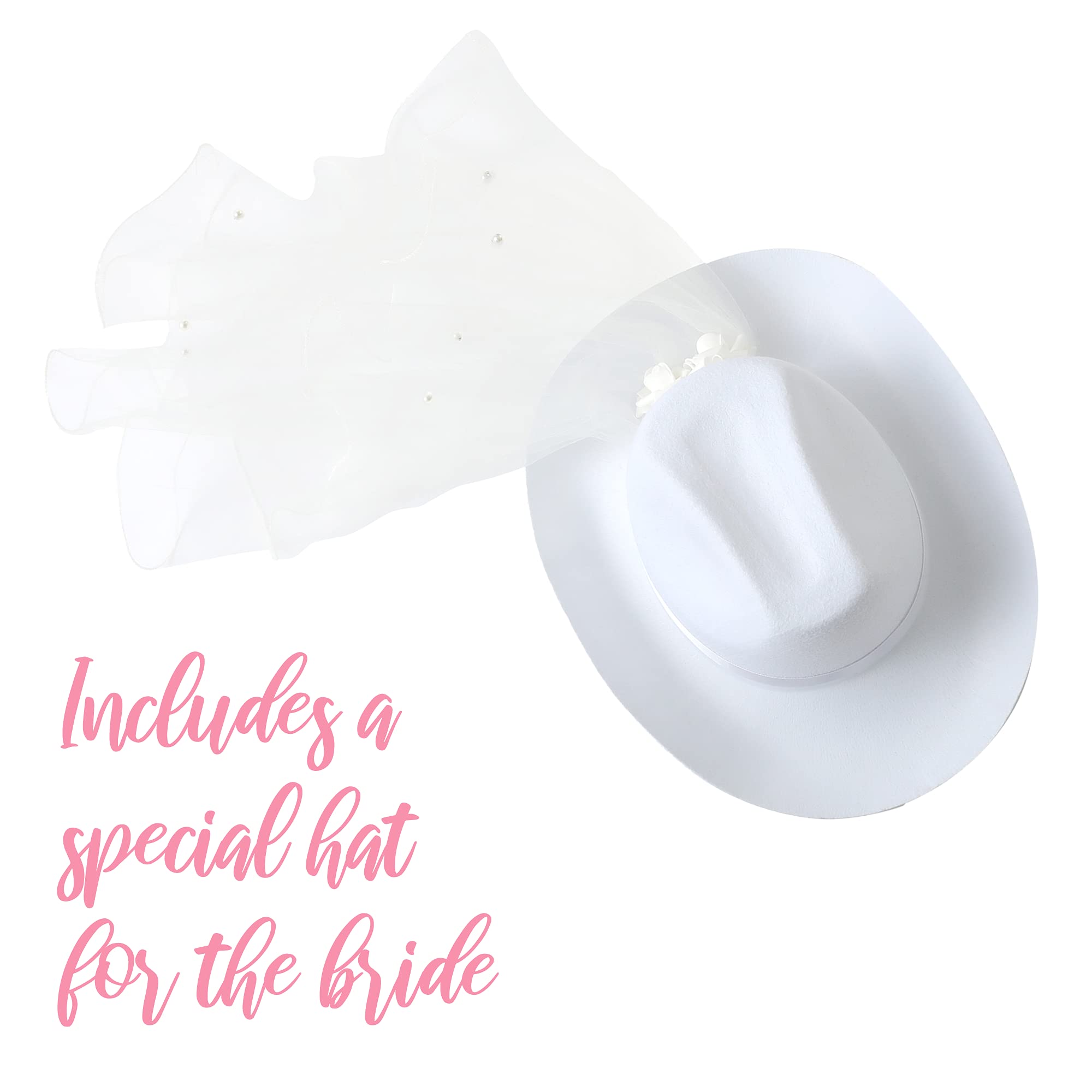 Pop Fizz Designs Bachelorette Party Cowgirl Hats Set - Bride White Cowboy Hat & Matching Cowgirl Hats for Western Theme Parties, Bridal Showers & Country Weddings