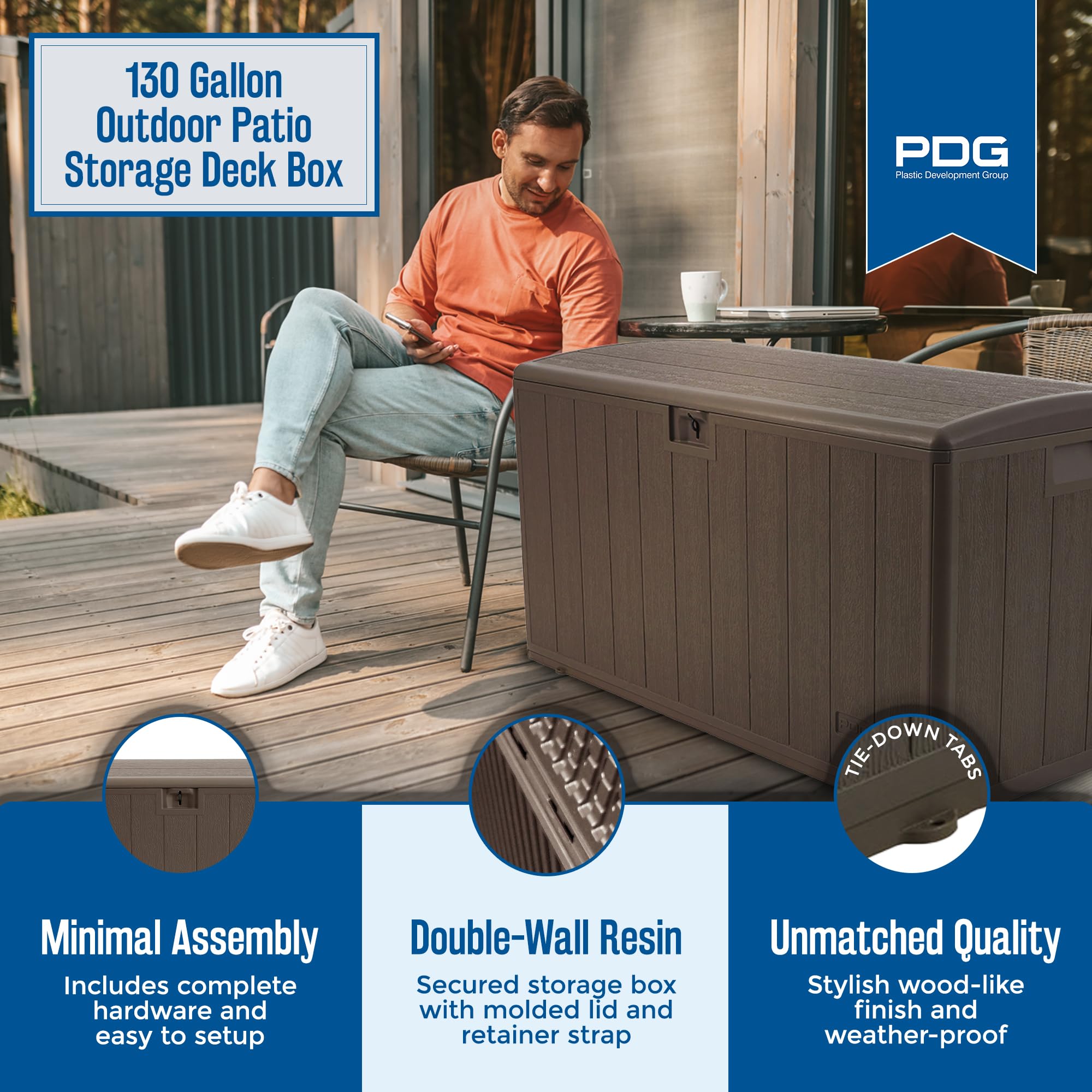 130 Gallon Outdoor Storage Deck Box with Soft Closure - Weatherproof Plastic Deck Box for Patio, Garden & Backyard Organization - Java Brown