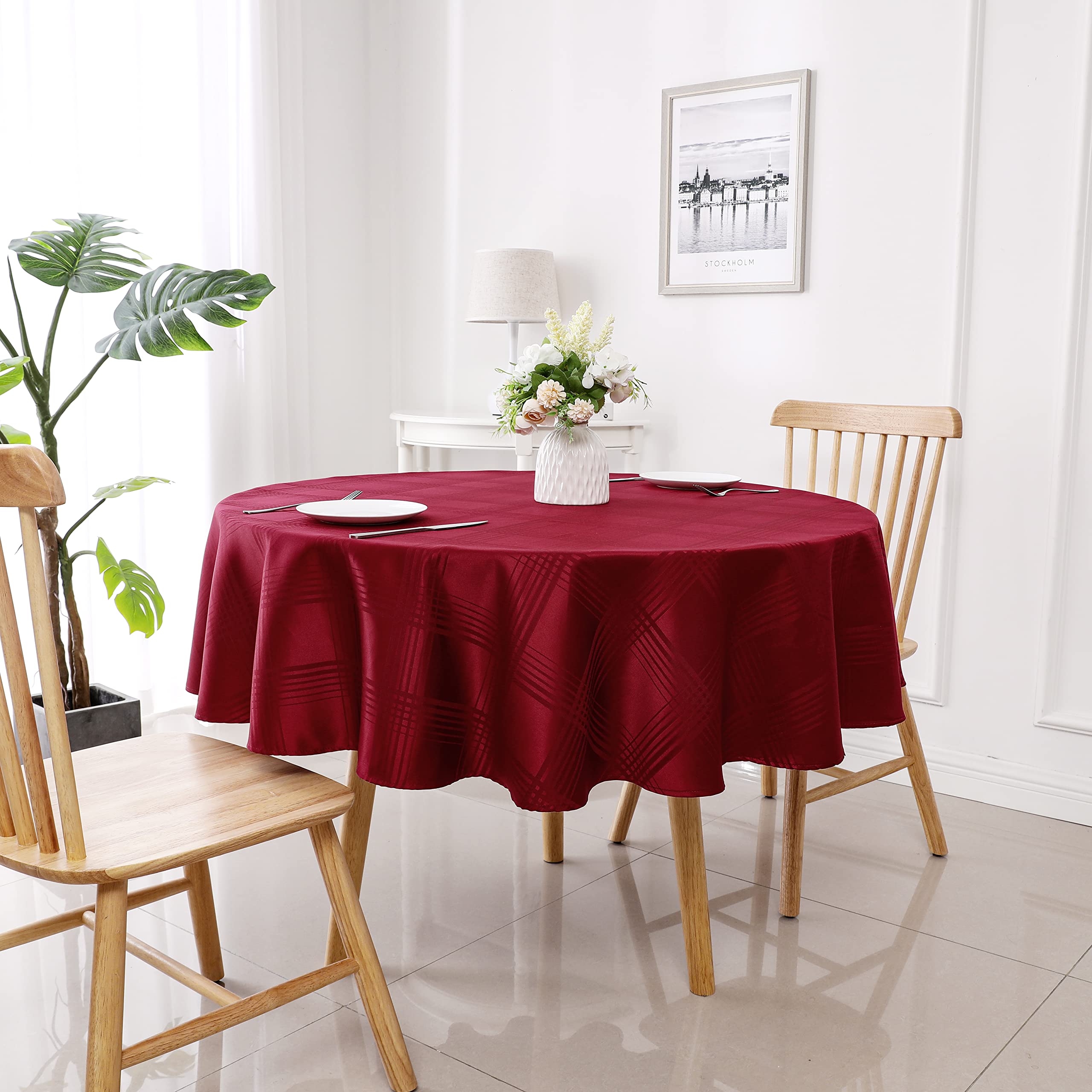 60 Inch Round Washable Polyester Tablecloth - Red Plaid Checkered Table Cover for Kitchen & Dining Room | Reusable, Fits Round Tables | Perfect for Parties, Holidays & Everyday Dining