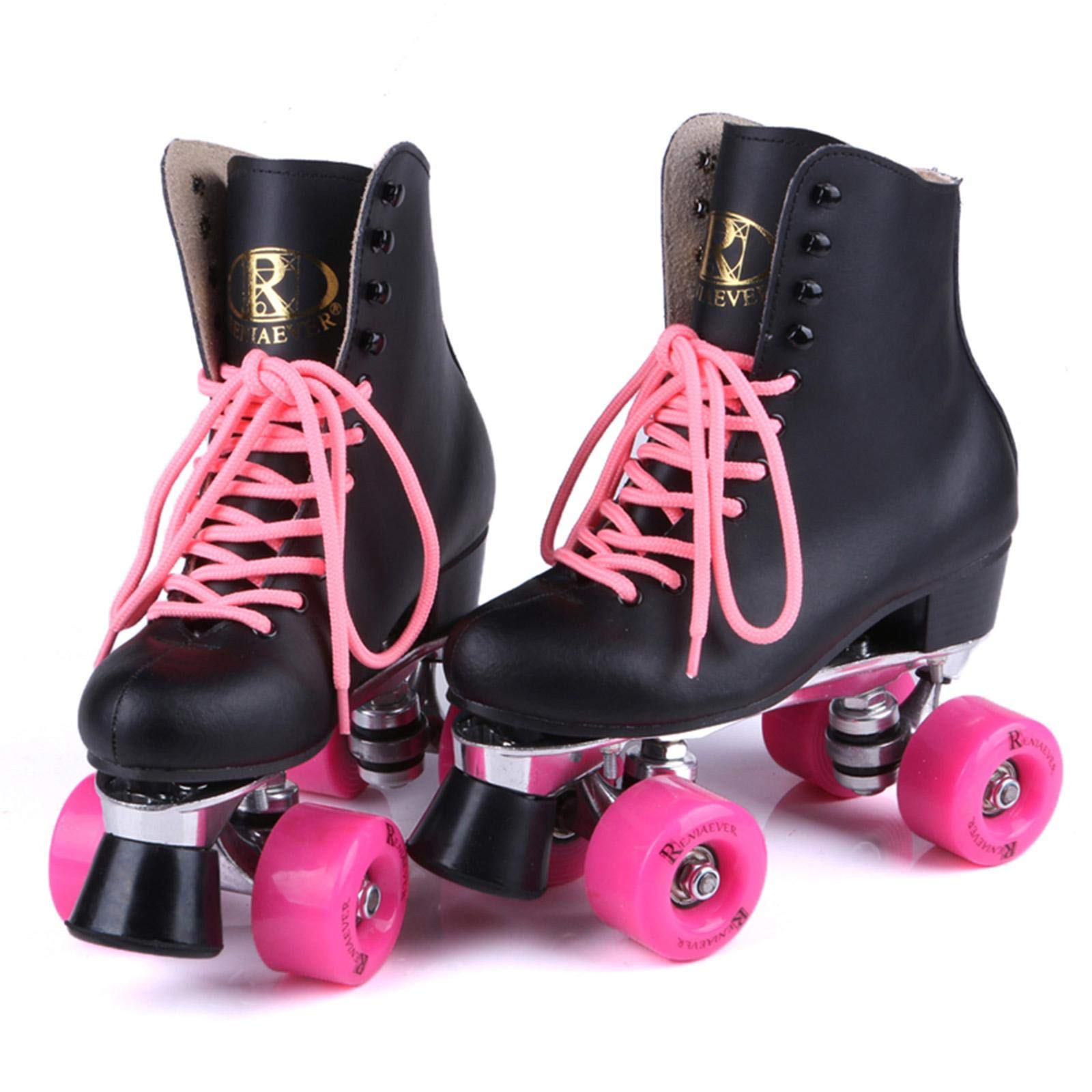 Premium Adult Roller Skates for Men & Women - Double-Wheel Leather Quad Skates with Pink Wheels for Indoor & Outdoor Use - Perfect for Parks, Squares, Fitness & Gift Giving