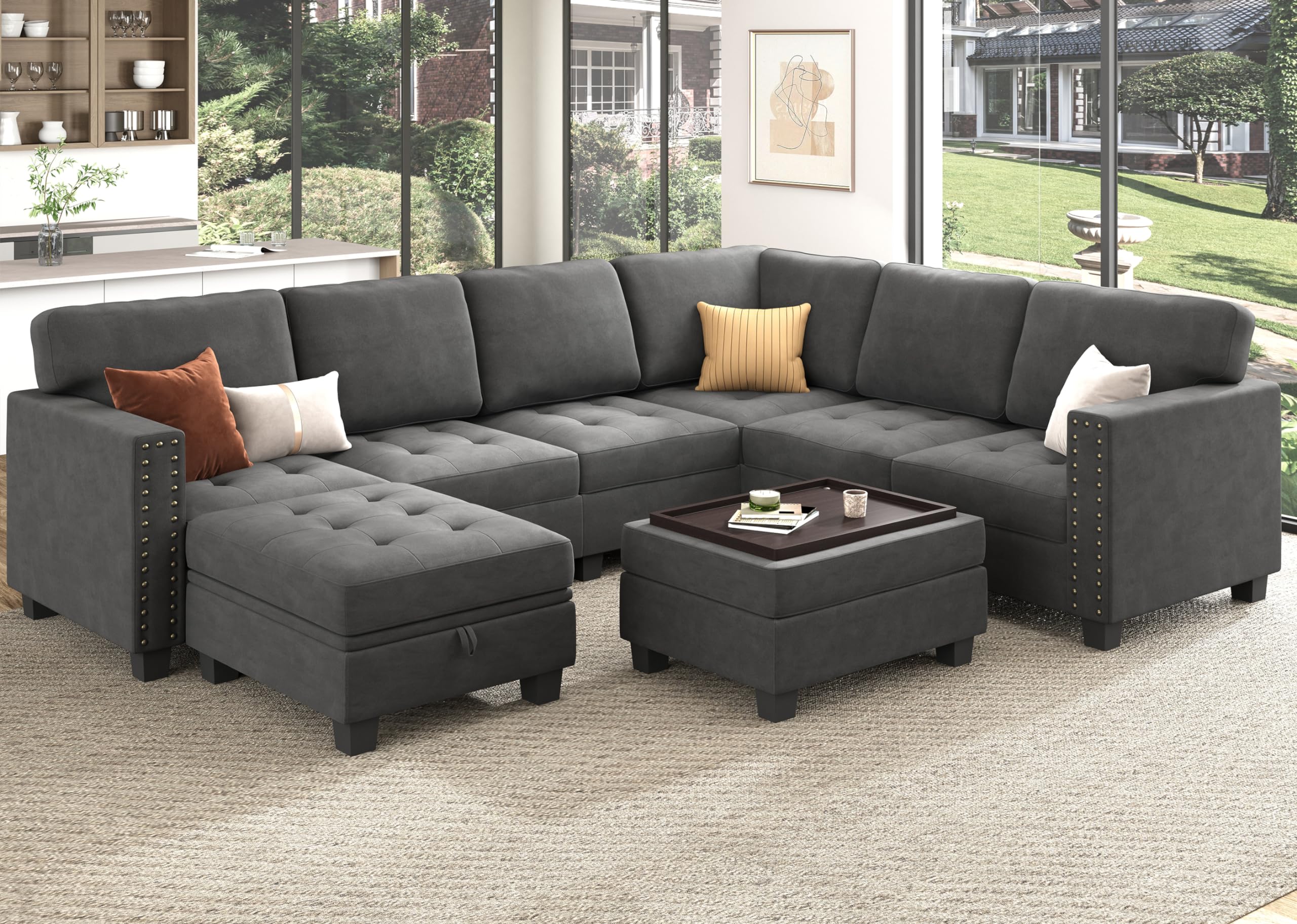HONBAY Velvet Modular Sectional Sofa - L-Shaped Couch with Storage Ottoman & Top Tray, U-Shape Living Room Sofa in Grey | Perfect for Small Spaces, Apartments & Cozy Home Decor