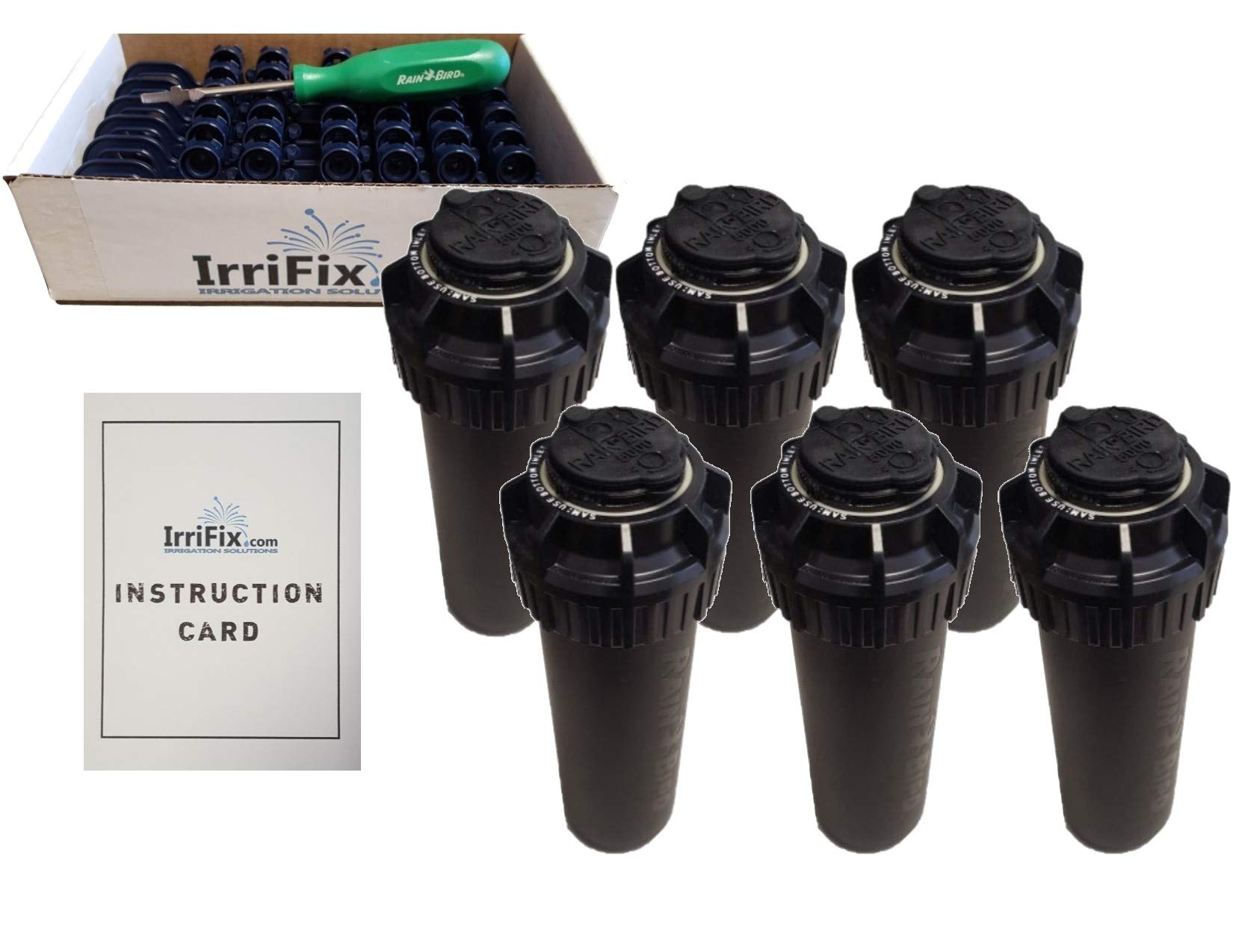 Rain Bird 5000 Series Seal-A-Matic Sprinkler Heads Bundle - 6 Pack 5004PCSAM SAM Rotors with IrriFix Nozzle Box | Includes 6 Nozzle Trees, Rotor Tool Screwdriver & Instruction Sheet | Durable Lawn Irrigation System for Residential & Commercial Landscaping