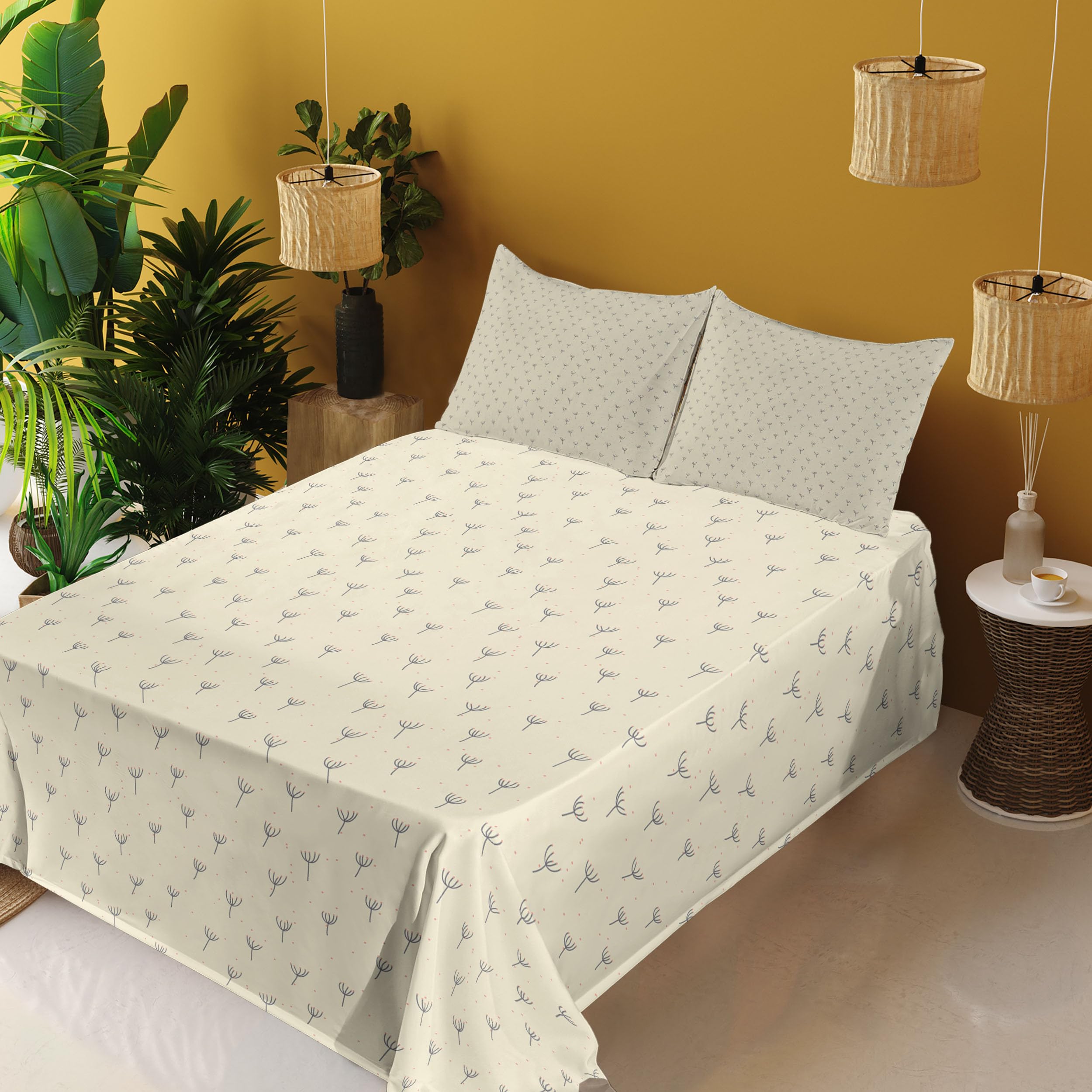 Ambesonne Floral King Sheet Set - 4 Piece Bedding with Pastel Flowers, Cream Coral & Grey - Fitted Sheet, Flat Sheet & Pillowcases - Spring Pollination Design - Perfect for Master Bedroom, Guest Room & Cozy Home Decor