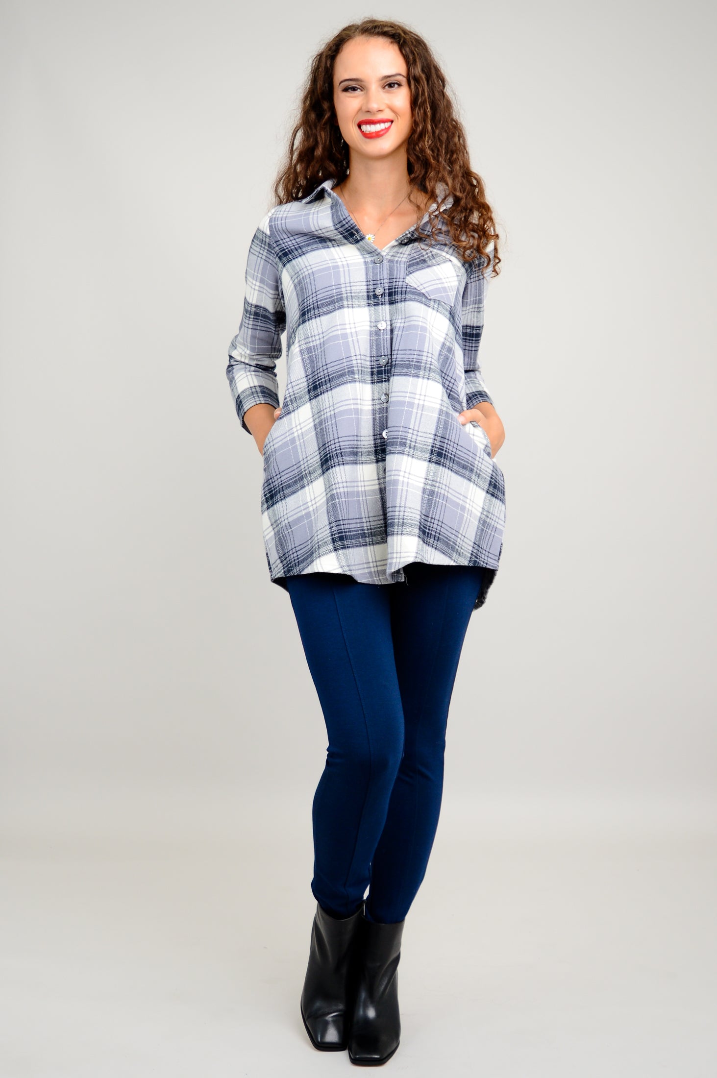 Celine Tunic - Charcoal Plaid Cotton Flannel Shirt for Women | Cozy Fall & Winter Layering Piece for Office or Casual Outfits
