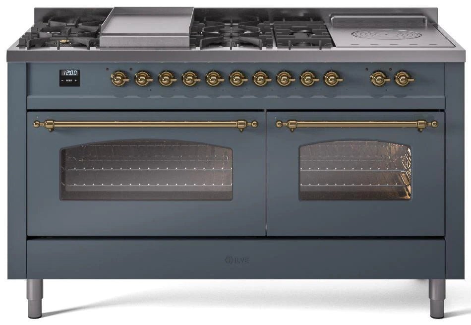 ILVE Nostalgie II 60-Inch Dual Fuel Natural Gas Range with Brass Trim - Blue Grey (UP60FSNMPBGG) | Professional Italian Kitchen Appliance for Home Chefs & Gourmet Cooking