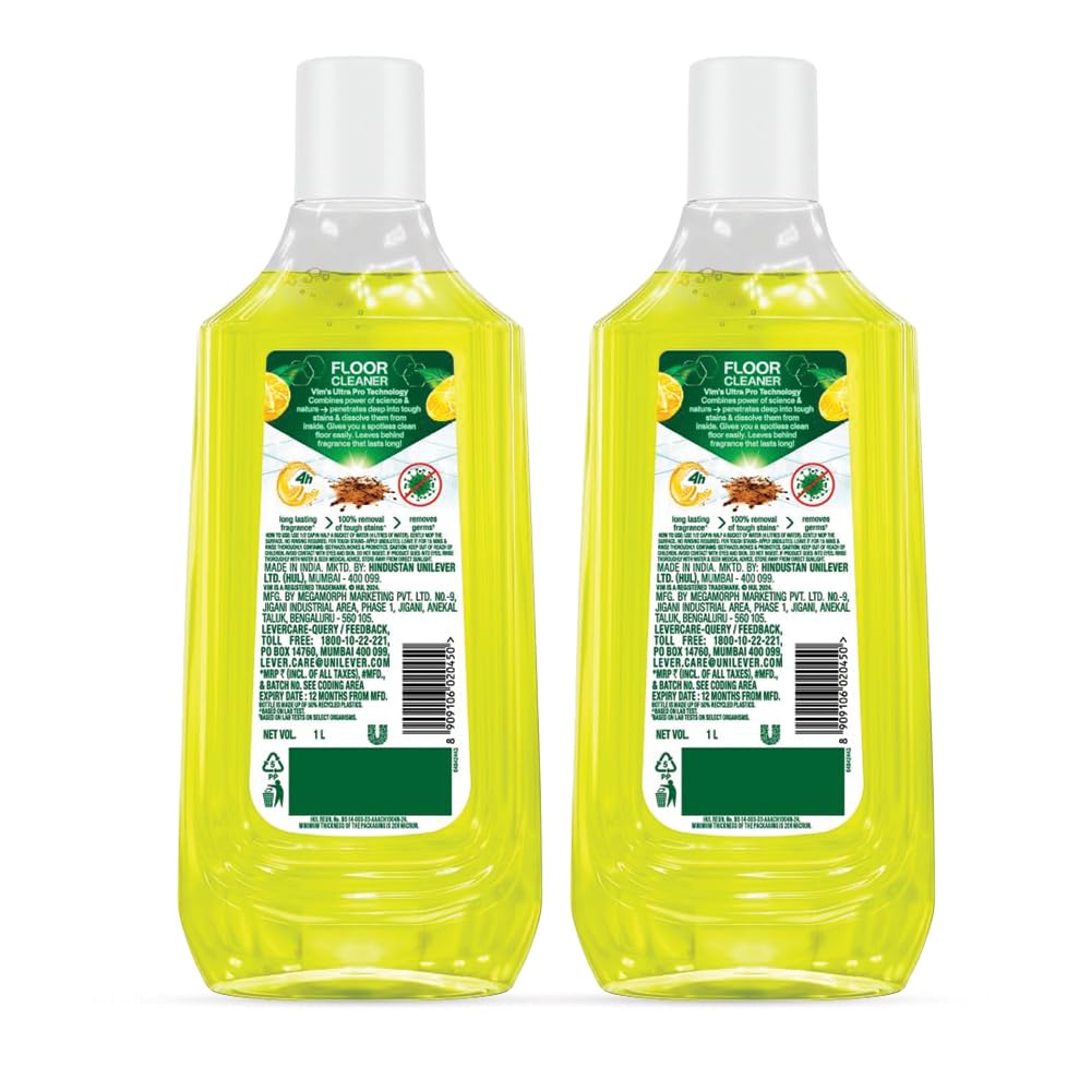 Vim Floor Cleaner 1000ml - Sparkling Lemon Scent | 100% Stain Remover for Deep Cleaning & Long-Lasting Freshness (2-Pack) | Ideal for Kitchen, Bathroom & Hardwood Floors