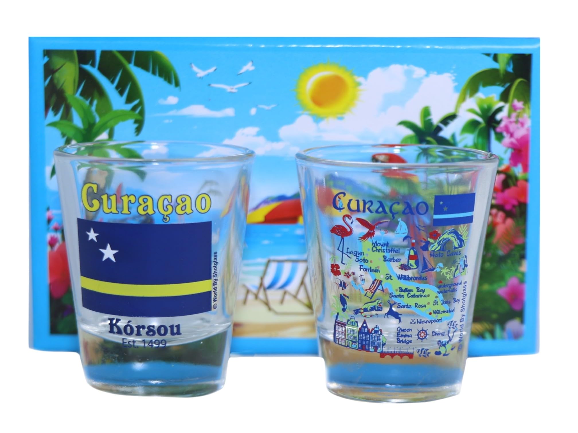 Premium Curacao Caribbean Boxed Shot Glass Set - Set of 2 Glass Cups for Tequila, Whiskey & Cocktails - Perfect for Parties, Bars & Home Entertaining