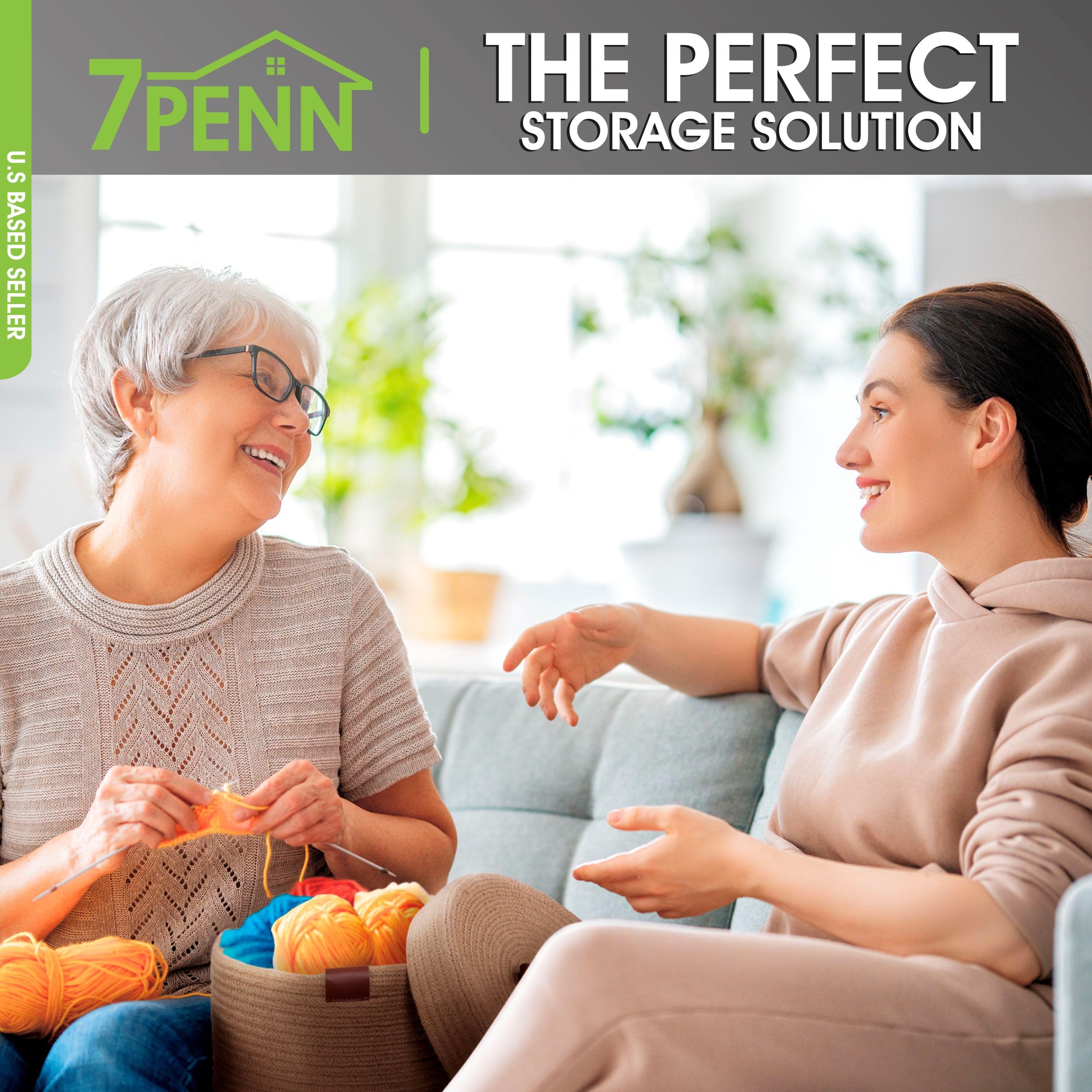 7Penn 2-Piece Round Jute Rope Storage Basket Set with Lids & Leather Handles - Natural Woven Decorative Baskets for Home Organization, Nursery, Bathroom & Living Room Storage