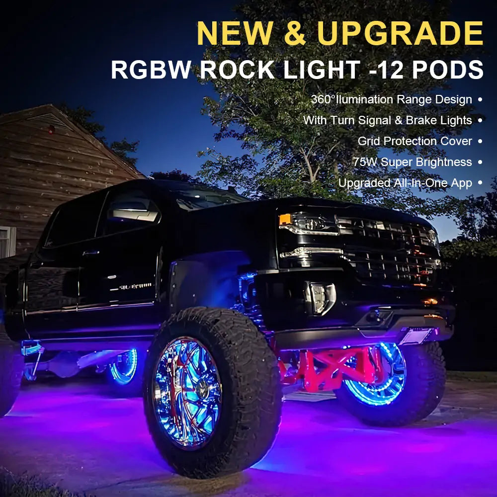 LOYO RGBW LED Rock Lights 12 Pods - Multicolor Underglow Neon Lights Kit with Bluetooth App Control for Cars, Trucks, SUVs, Off-Road Vehicles | Perfect for Night Driving, Car Shows & Custom Lighting Effects
