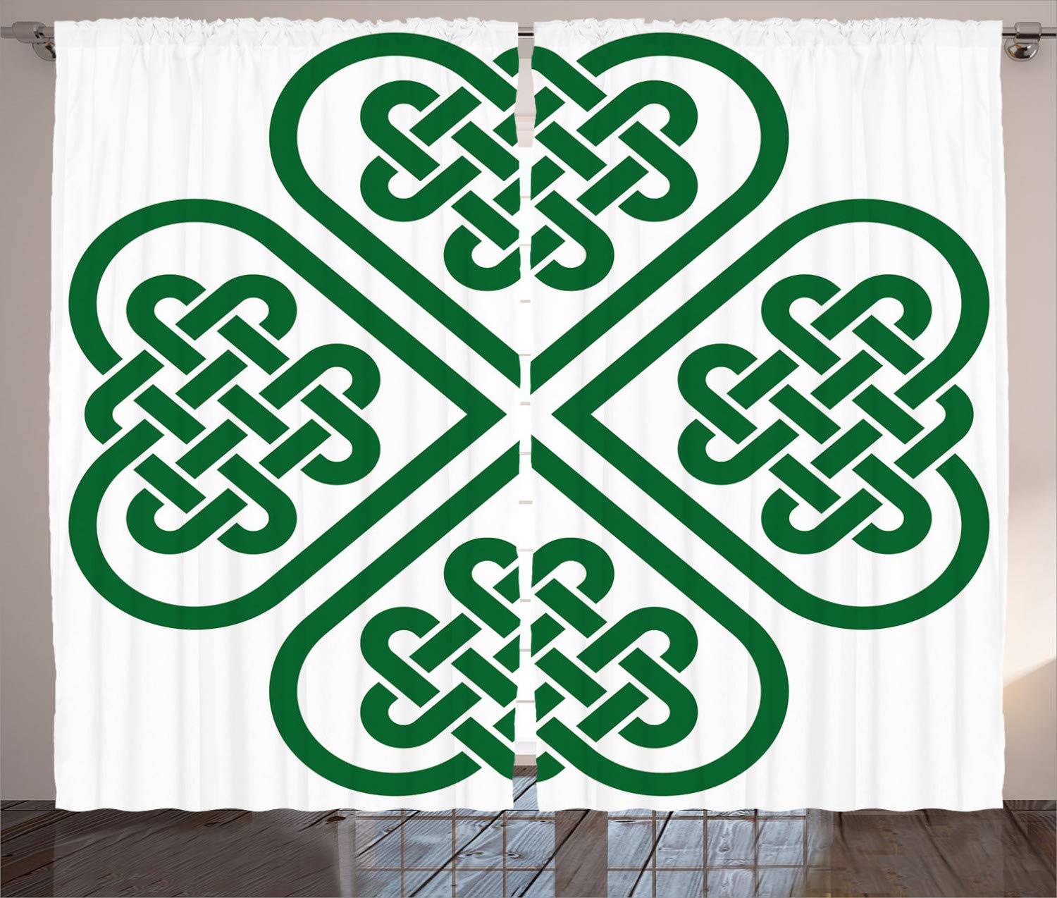 Ambesonne Celtic Curtains - 4 Leaf Clover Flower Pattern, Monochrome Green & White Window Drapes, 108