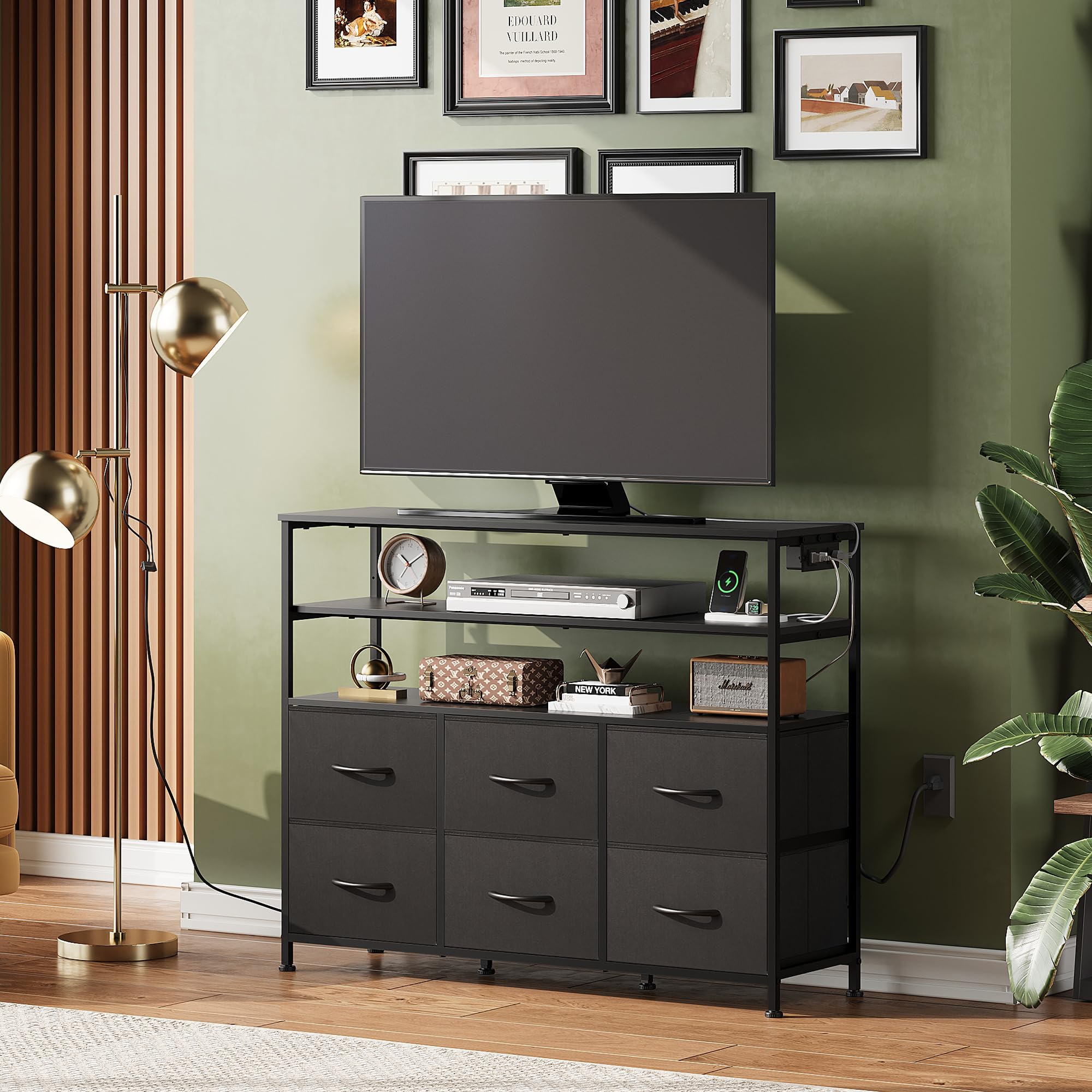 WLIVE 6-Drawer LED Dresser with Charging Station & Open Shelves - Modern Fabric Storage Dresser for Bedroom, Living Room & Closet Organization | Nightstand Alternative with USB Ports for Phone Charging & Bedroom Decor