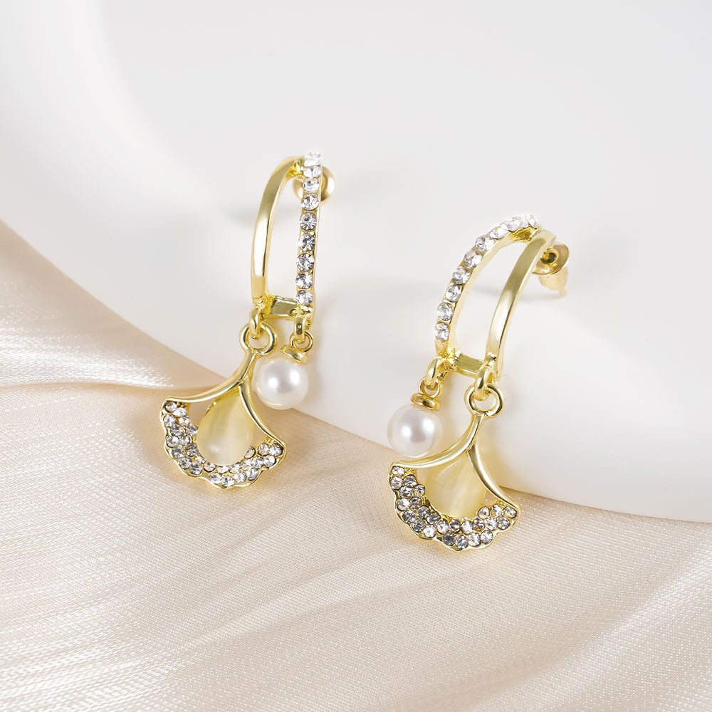 Ginkgo Leaf Hoop Earrings with Dangle Pearl | A8079 - Elegant Nature-Inspired Jewelry for Women, Perfect for Weddings, Parties & Everyday Wear