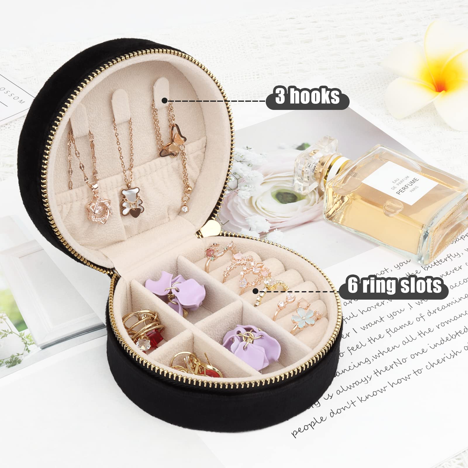 DesignSter Travel Jewelry Box - Velvet Mini Jewelry Organizer for Women & Girls, Small Jewelry Storage Case for Rings, Earrings, Necklaces - Portable Jewelry Holder for Travel, Home, Office (Circular, Black)