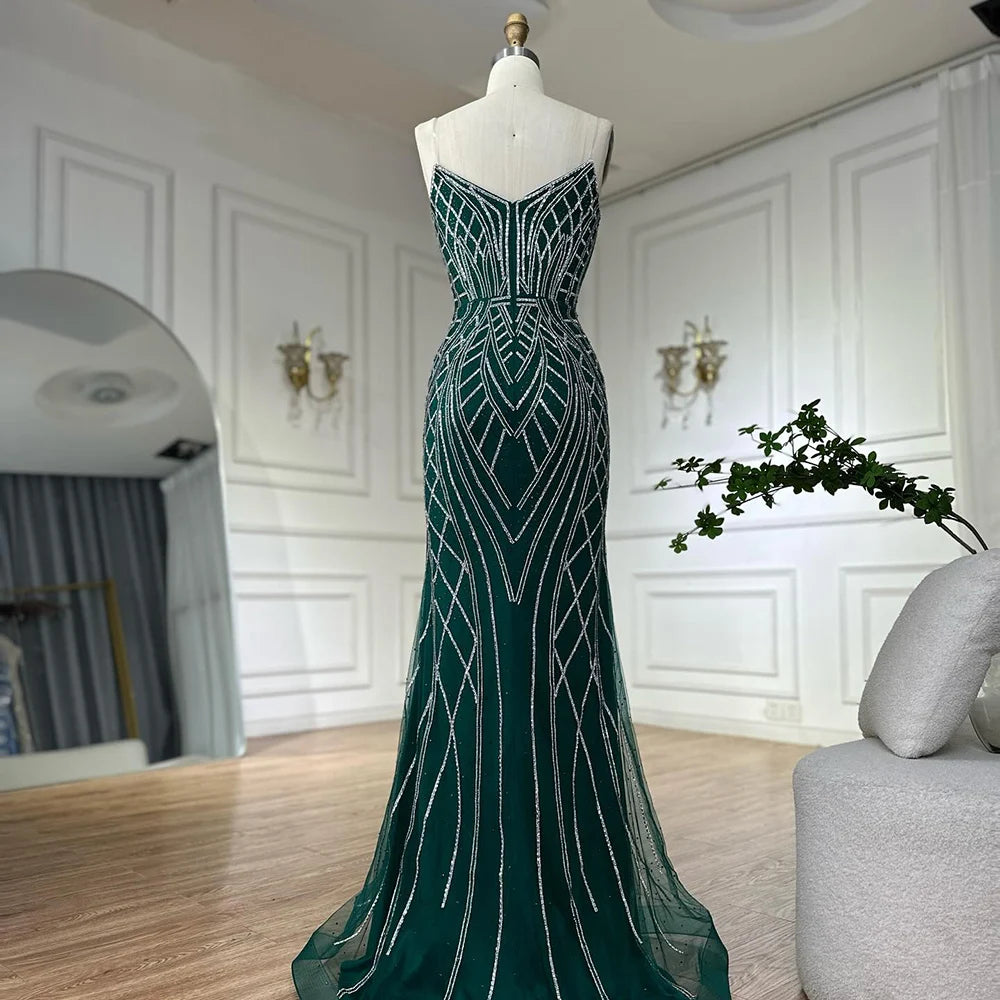 Luxury Dubai & Saudi Green Mermaid Evening Gown with Beaded Cape Sleeves - Arabic Formal Dress for Weddings, Galas & Special Occasions LA72838