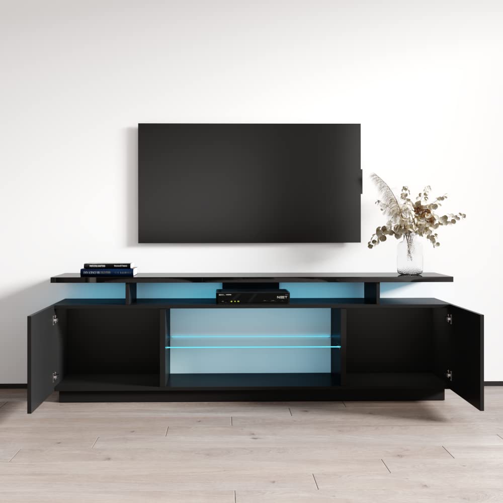 Modern Eva K TV Stand with Matte Glossy Finish - High Gloss Entertainment Center with Storage Cabinets & LED Lights - Media Console for TVs Up to 80 Inches (Black) - Perfect for Living Room, Home Theater & Gaming Setup