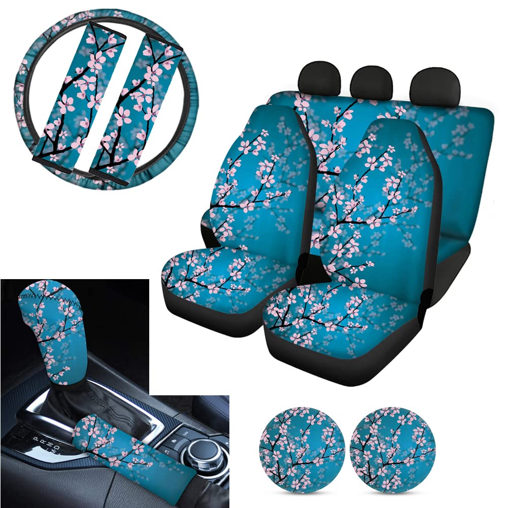 AFPANQZ 11-Piece Plum Blossom Car Seat Cover Set with Steering Wheel Cover, Gear Shift Knob Cover, Handbrake Cover, Seat Belt Pads & Cup Holders - Floral Car Interior Accessories for Women | Perfect for Daily Commute, Road Trips & Car Decoration