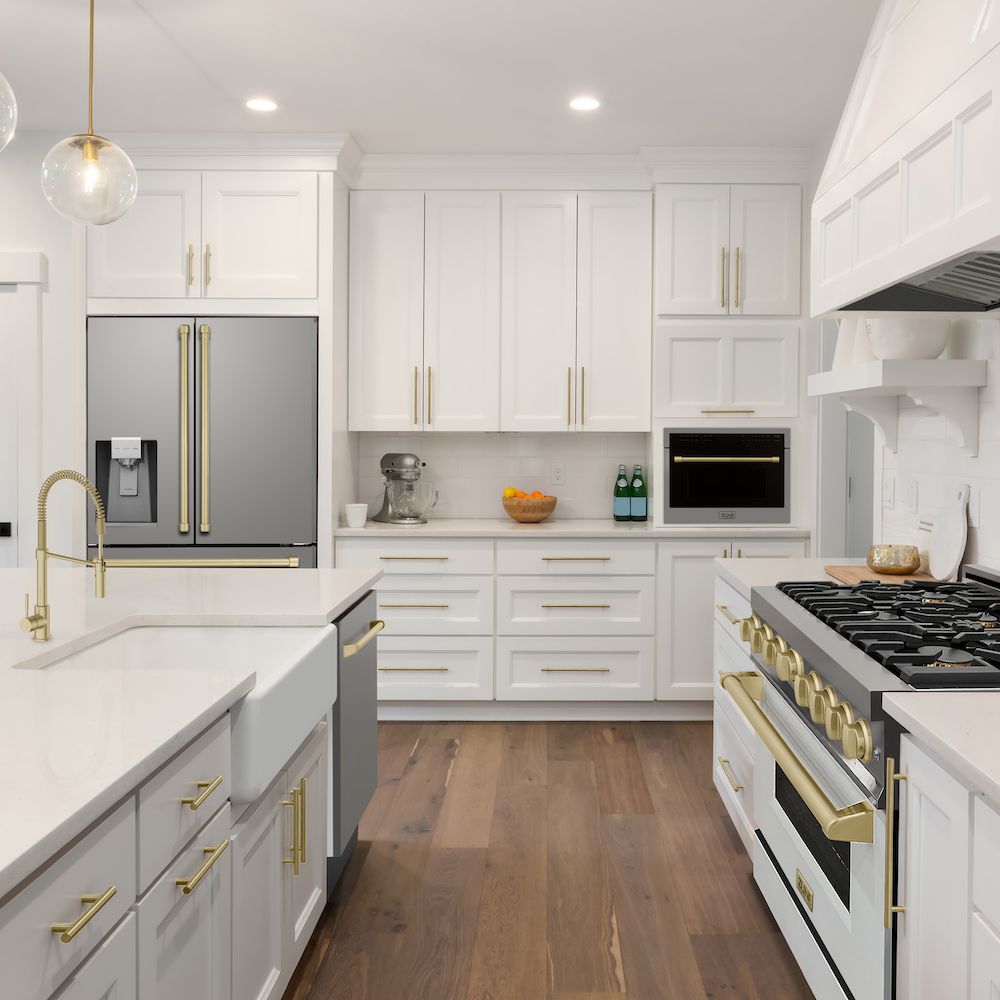 ZLINE Autograph Edition 36 Inch Counter Depth French Door Refrigerator - 21.6 cu ft Capacity, Fingerprint Resistant Stainless Steel with Champagne Bronze Handles, Built-in Water and Ice Dispenser (RFMZ W 36 CB) - Perfect for Modern Kitchens, Open Concept Homes, and Entertaining Spaces