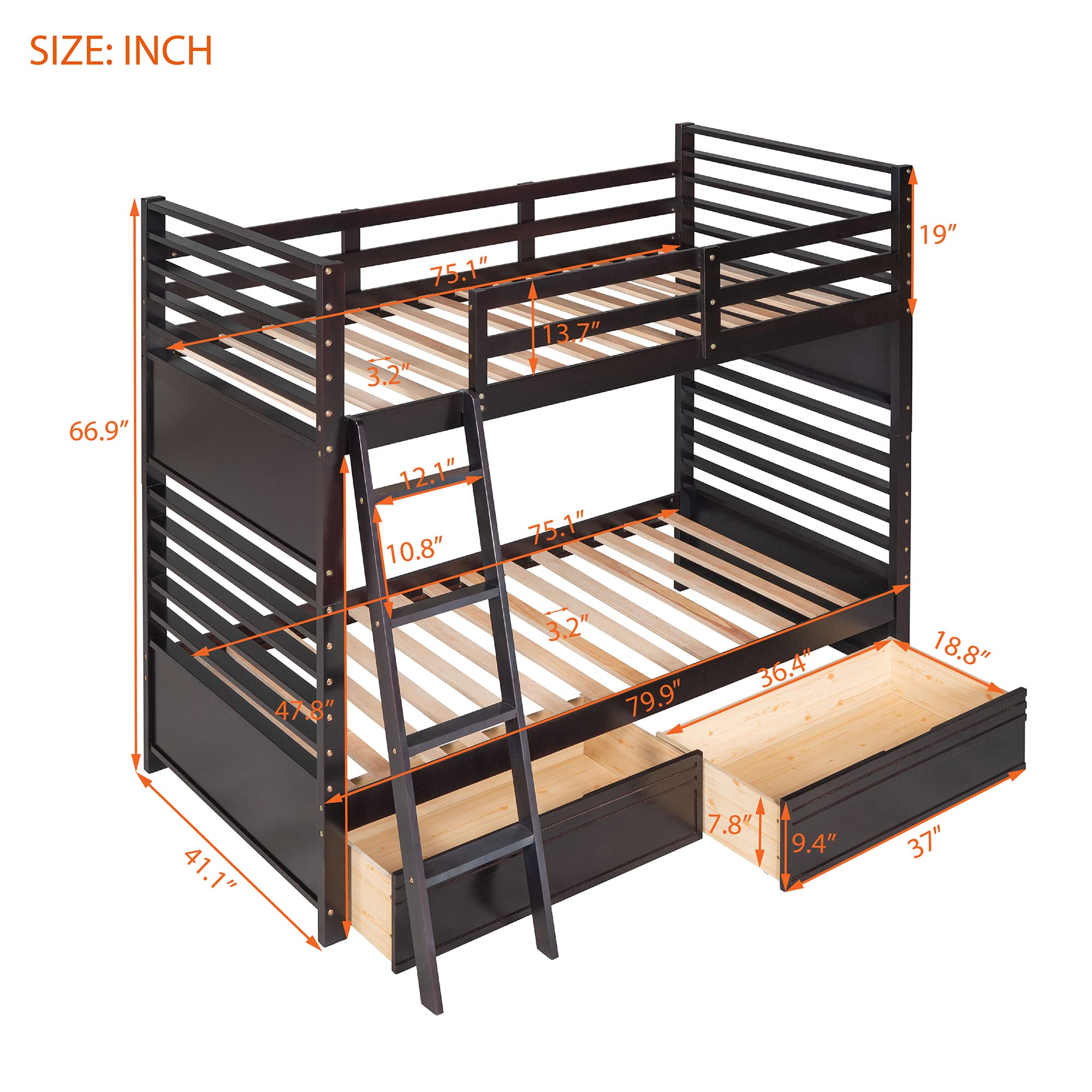 P PURLOVE Twin Over Twin Wood Bunk Bed Frame with 2 Storage Drawers & Removable Ladder - Converts to 2 Single Beds - No Box Spring Needed - Espresso Finish - Perfect for Kids, Teens & Small Bedrooms