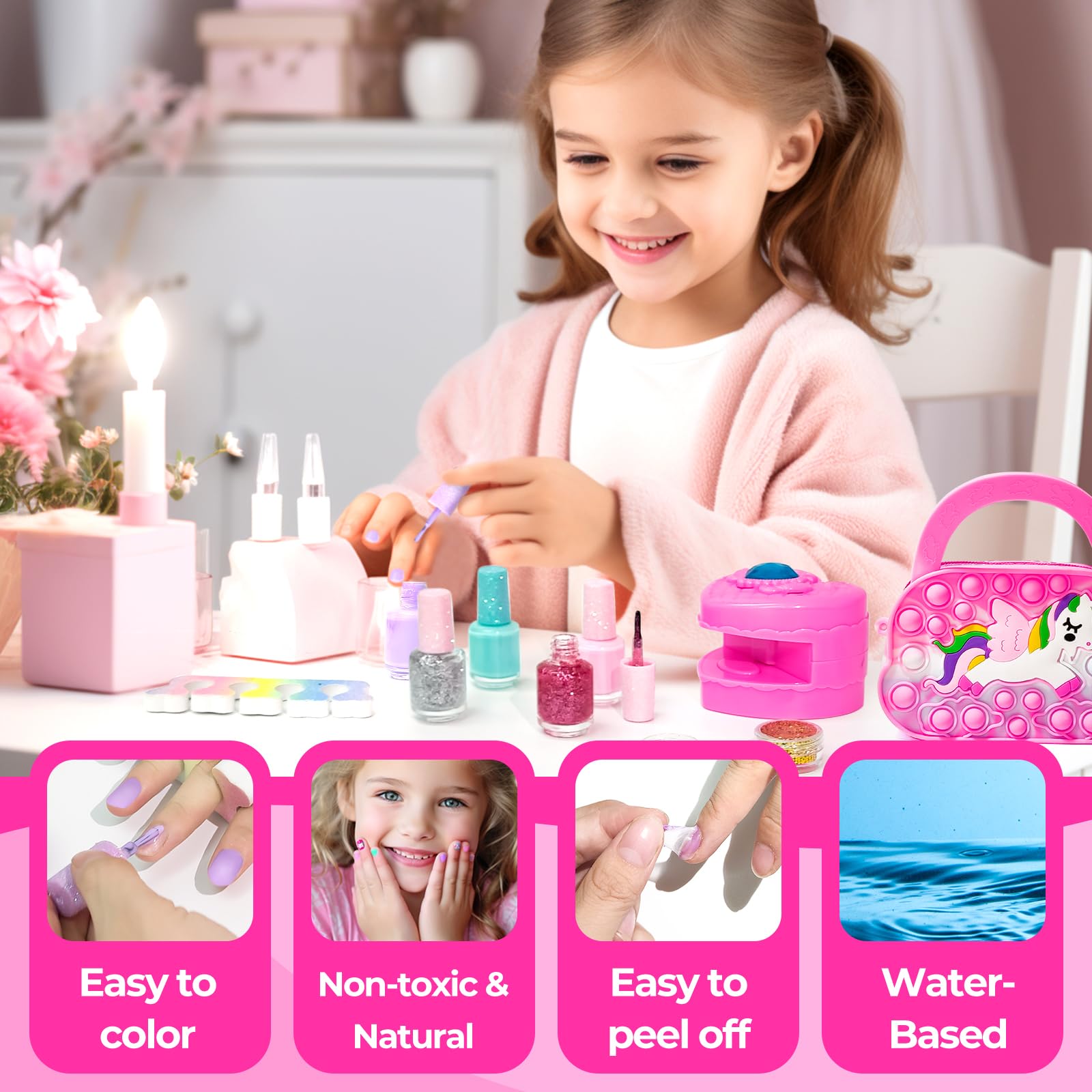 Non-Toxic Kids Nail Polish Set for Girls Ages 5-12 | 12 Colors Safe Nail Art Kit with Nail Dryer, Glitter Powder, False Nails & DIY Stickers | Perfect Birthday & Christmas Gift for Little Girls | Fun Party & Playtime Nail Salon Activity