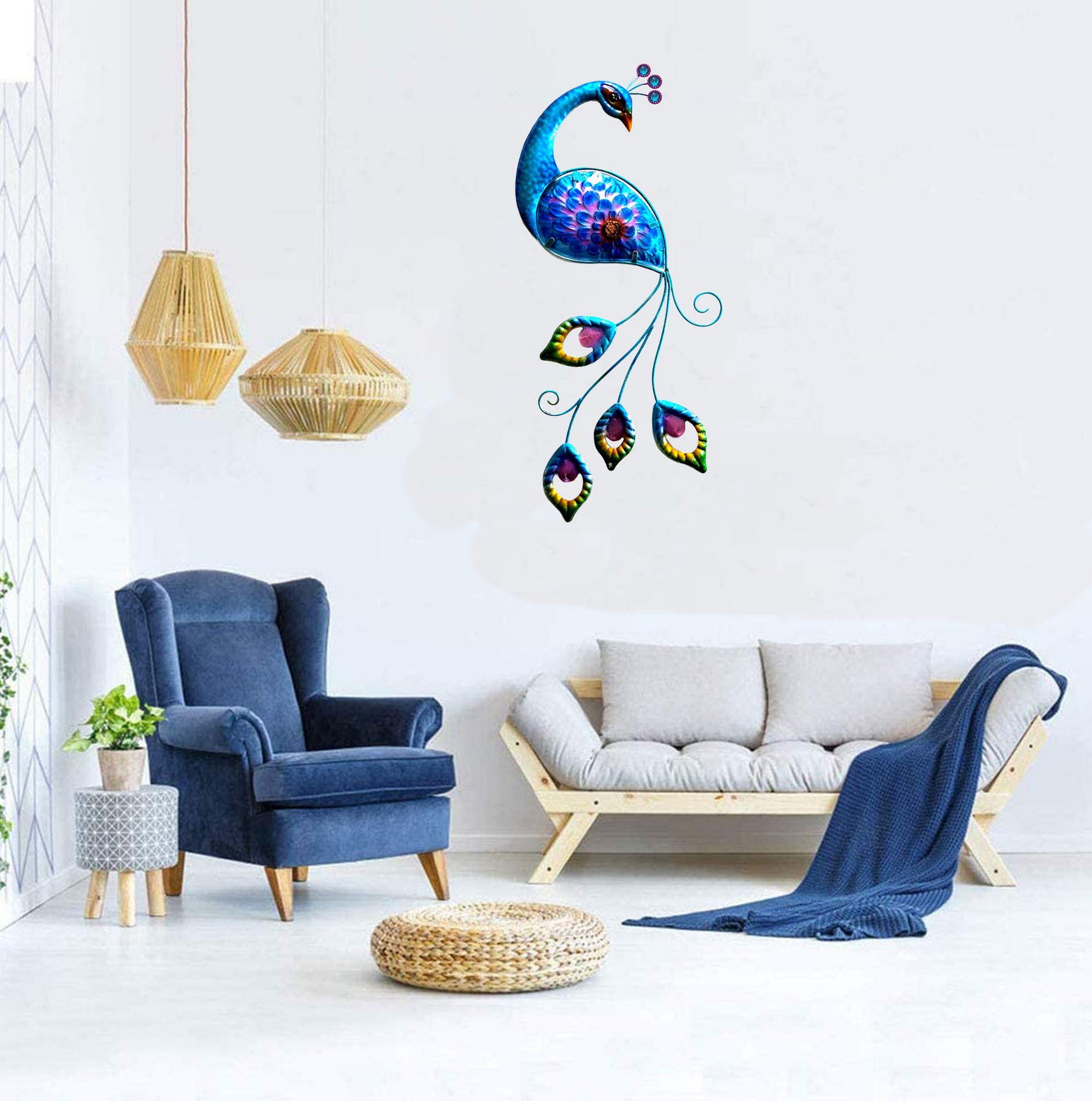 JFRISING Blue Peacock Metal Glass Wall Art Plaque - Elegant Home Decor Sculpture for Bathroom, Living Room & Bedroom | Unique Handcrafted Peacock Gift Idea for Housewarming, Wedding & Birthday Presents