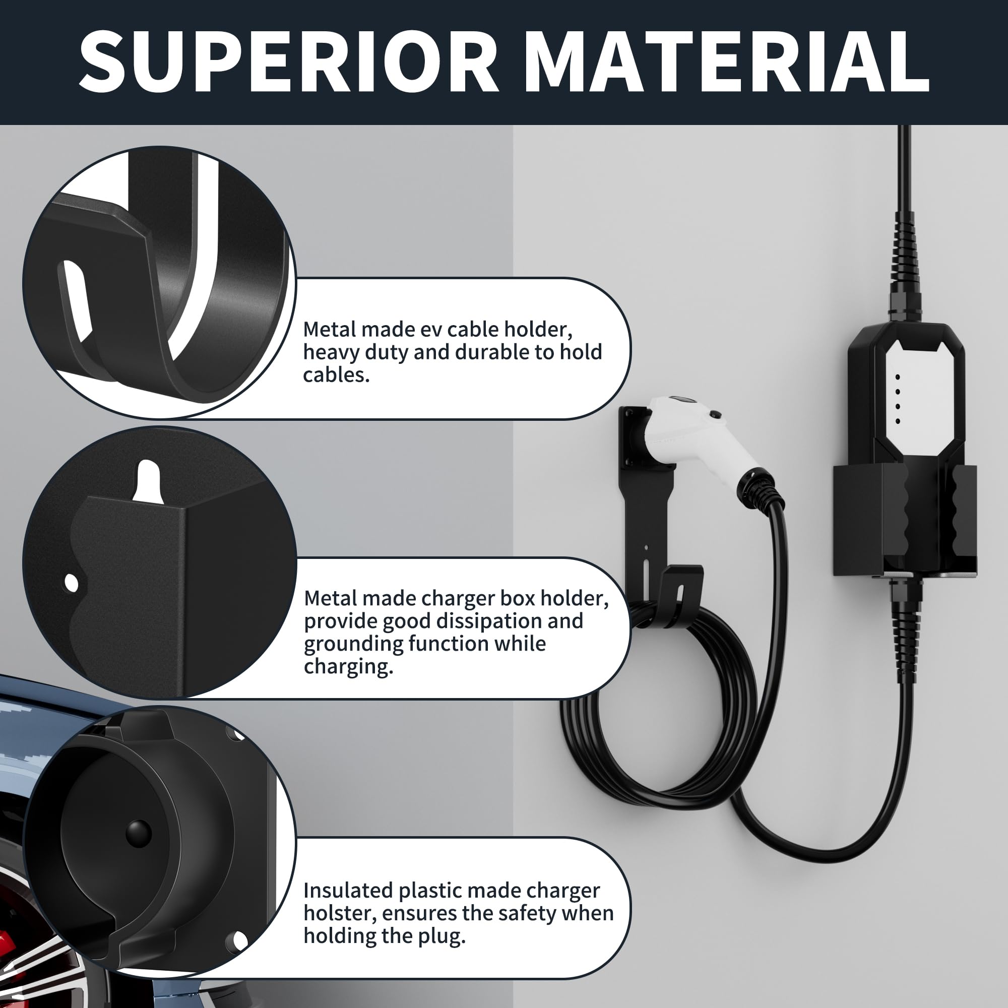 Joinfworld EV Charger Holder Wall Mount Kit - SAE J1772 Connector J-Hook & Charging Box Organizer for Electric Vehicles (Tesla, Nissan Leaf, Chevy Bolt) - Perfect for Home & Garage Charging Stations