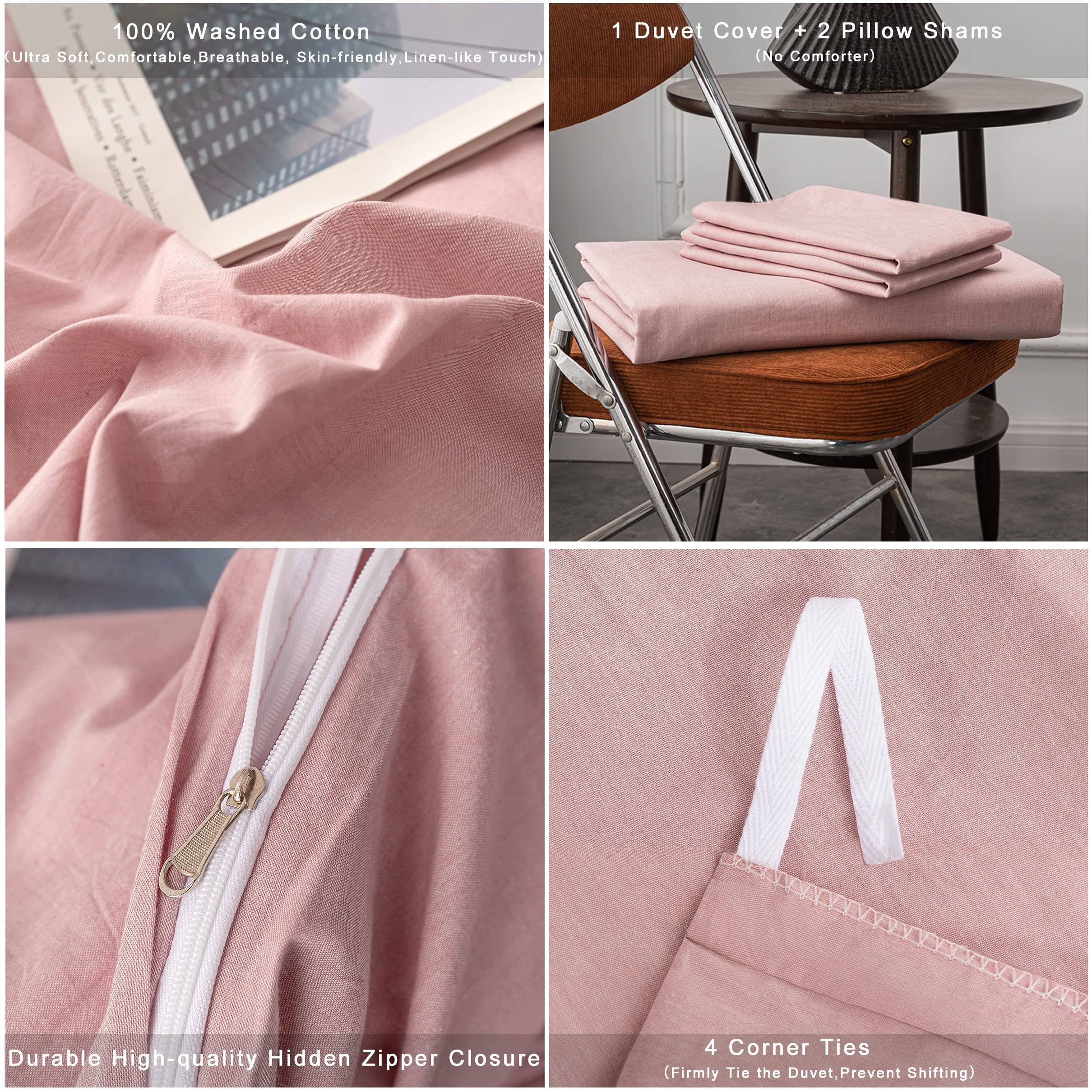 100% Washed Cotton Queen Duvet Cover Set - Ultra Soft Solid Dusty Pink with Zipper Closure (3-Piece) | Perfect for Master Bedroom, Guest Room & Cozy Home Decor