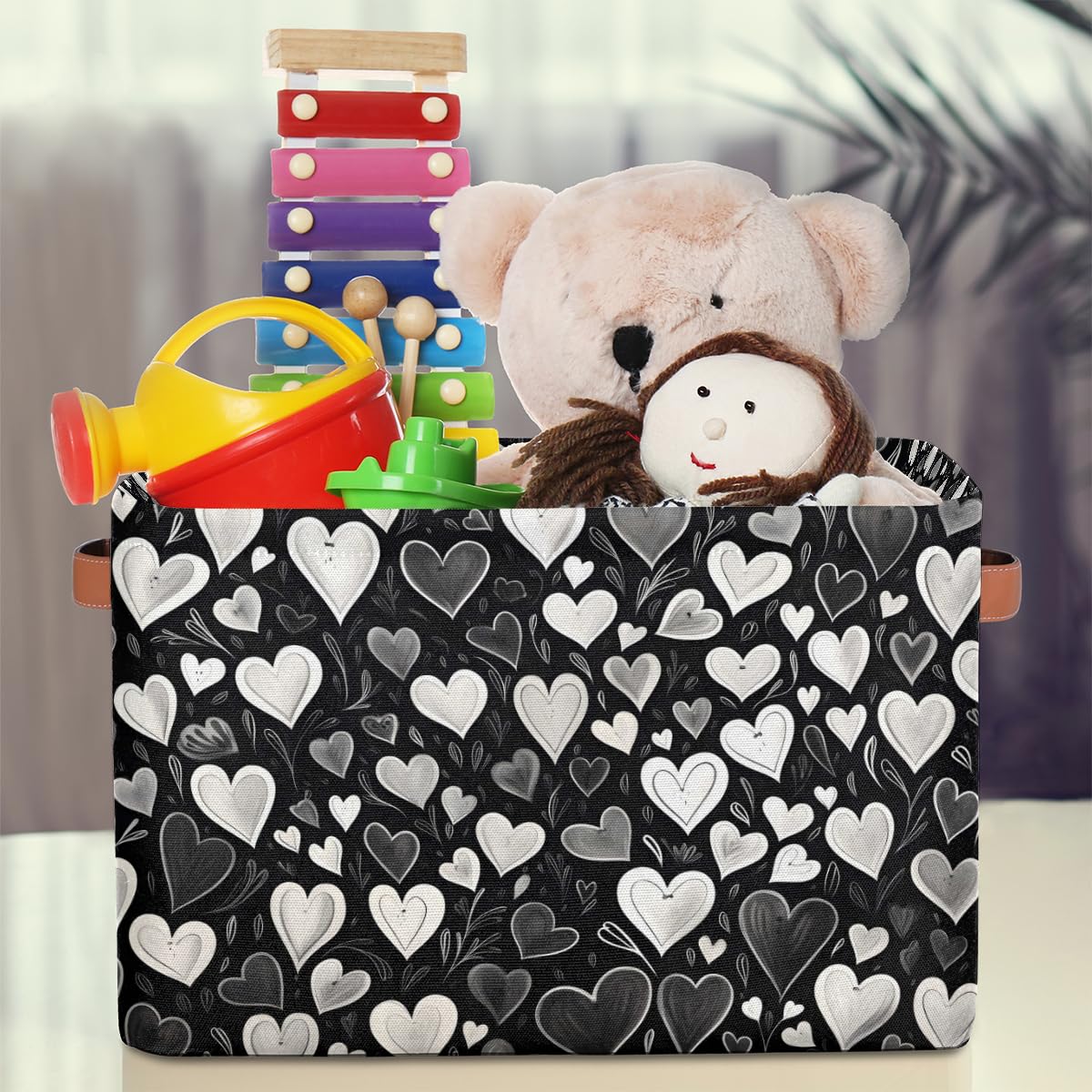 Valentine's Day Storage Basket Set of 2 - Black and White Heart Decor Organizer with Handles for Home, Office & Gift Wrapping | Perfect for Shelves, Closet Organization & Romantic Decorations