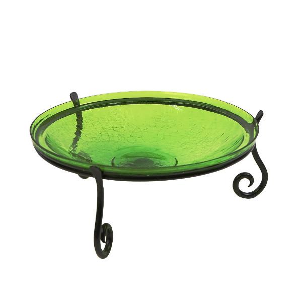 Fern Green Crackle Glass Birdbath Bowl for Garden Decor - Handmade Outdoor Bird Feeder with Crackled Texture, Perfect for Attracting Birds to Your Backyard or Patio