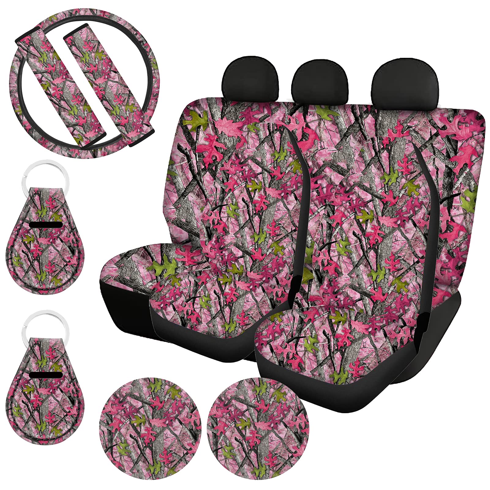 **YSTARDREAM Camo Car Seat Covers Full Set - Front & Rear Bench Covers, Steering Wheel Cover, Seat Belt Covers, Cup Holder Coasters & Keychains - Hot Pink Camouflage Design for Women - Perfect for SUVs, Trucks & Daily Commuting**