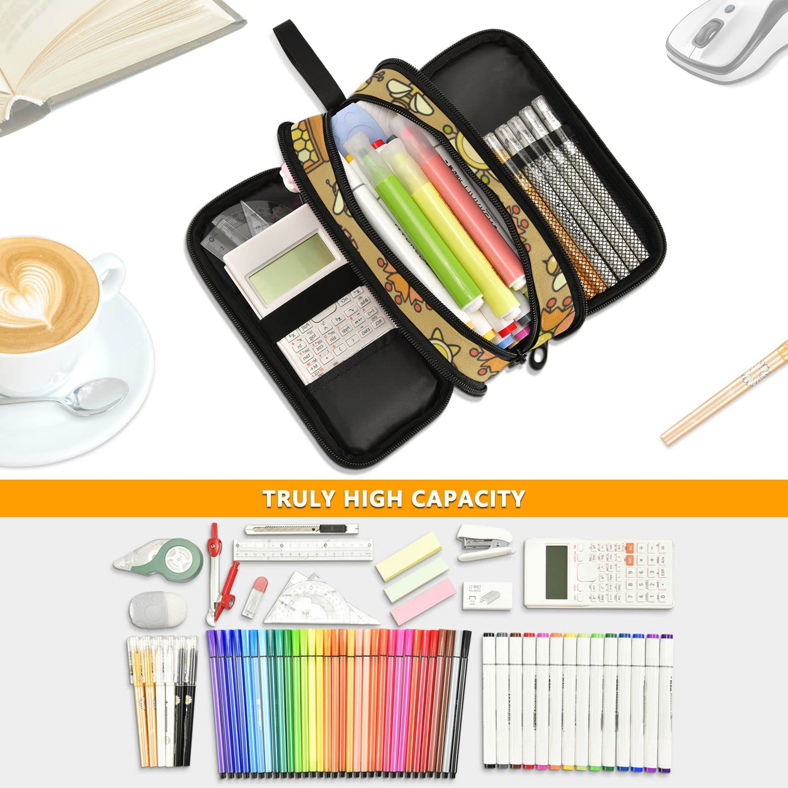 J JOYSAY Large Honey Bee Pencil Case - Big Capacity School Organizer for Students, Perfect for Classroom & College